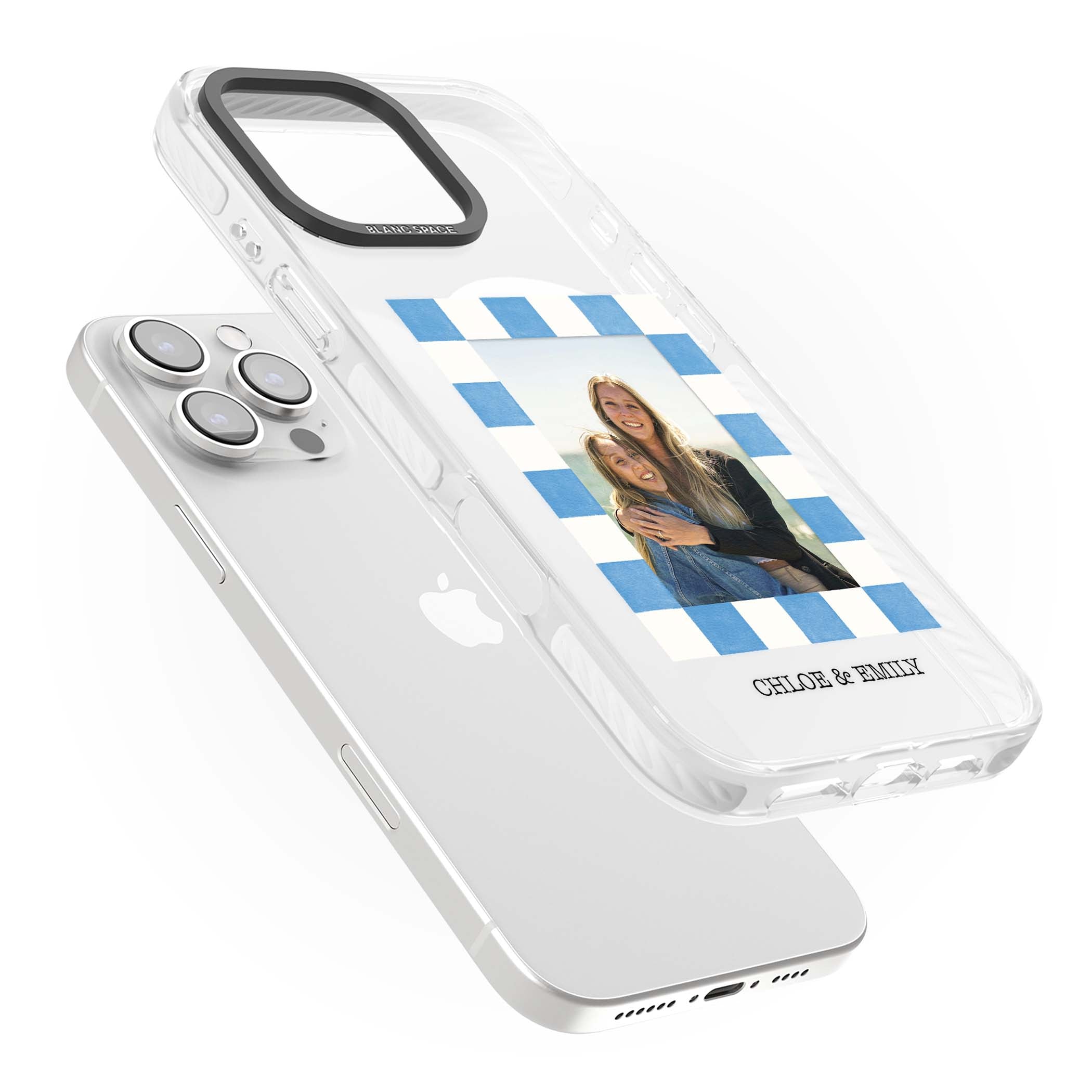 Blue Check Photo personalised photo iPhone case with blue checkered frame and custom couple names | Impact Magsafe case for iPhone 16 Pro, iPhone 16 Pro Max
