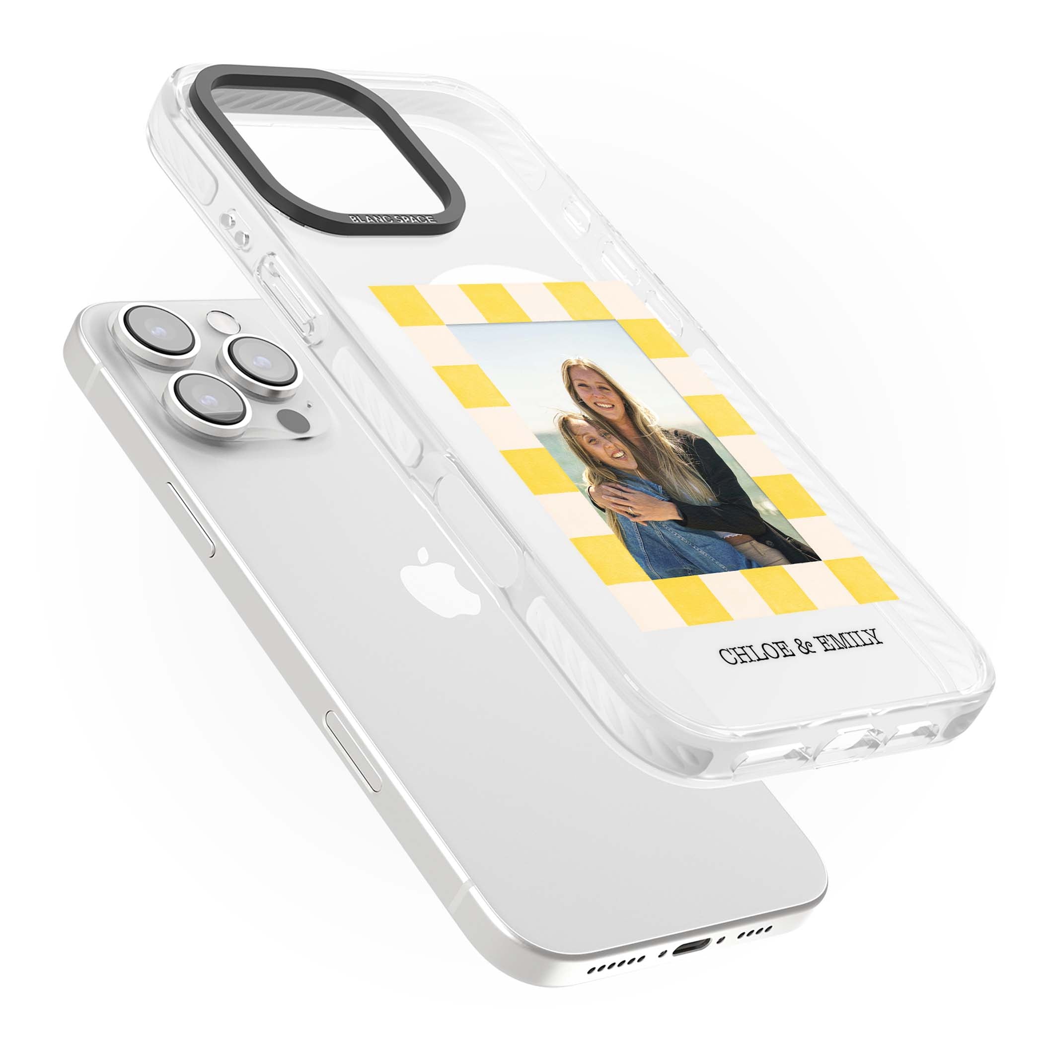 Yellow Check Photo personalised iPhone case with yellow checkered Polaroid frame and custom names beneath | Impact Magsafe case for iPhone 16 Pro, iPhone 16 Pro Max