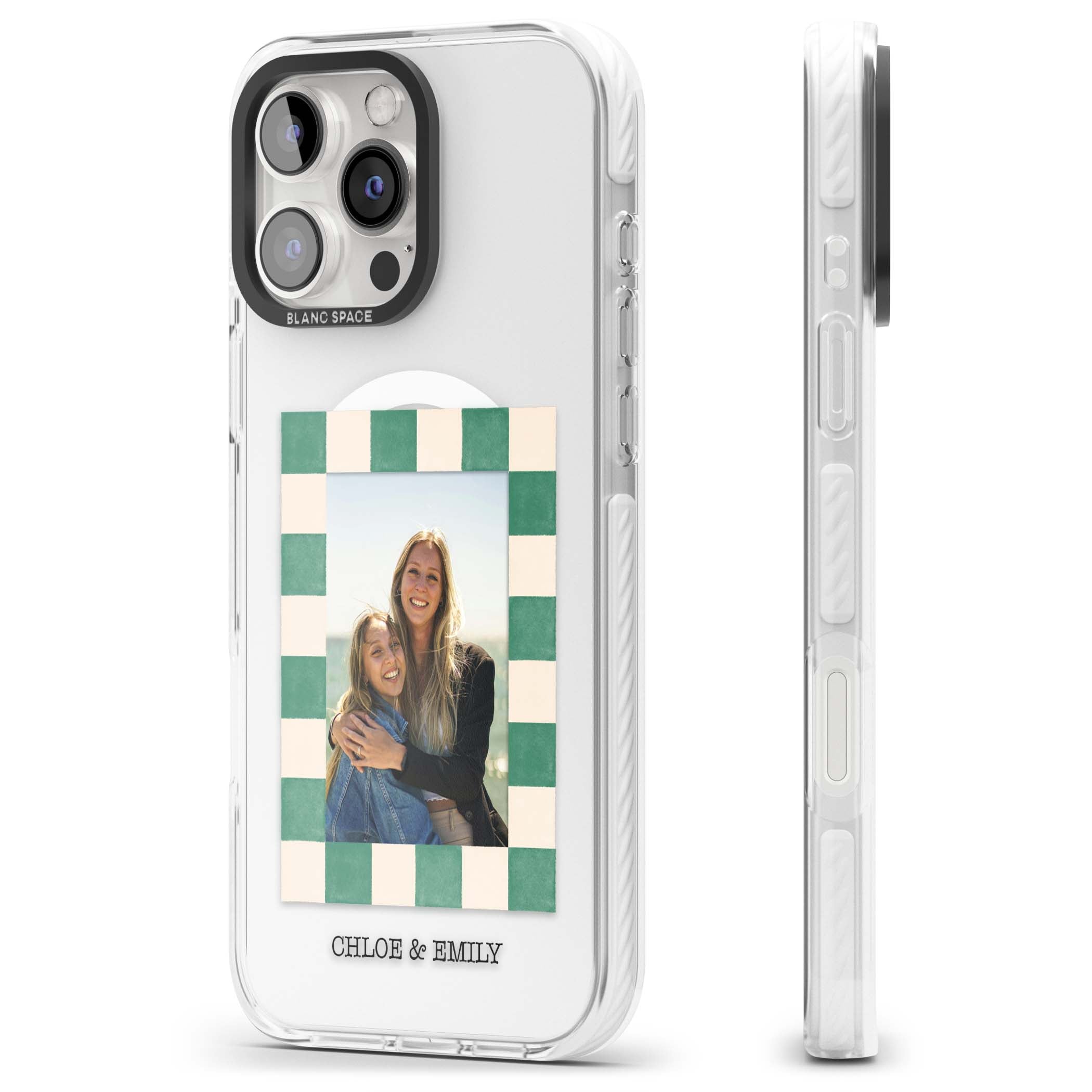 Seafoam Check Photo personalised iPhone case featuring a custom polaroid photo, green and cream checkered frame, and custom n | Impact Magsafe case for iPhone 16 Pro, iPhone 16 Pro Max