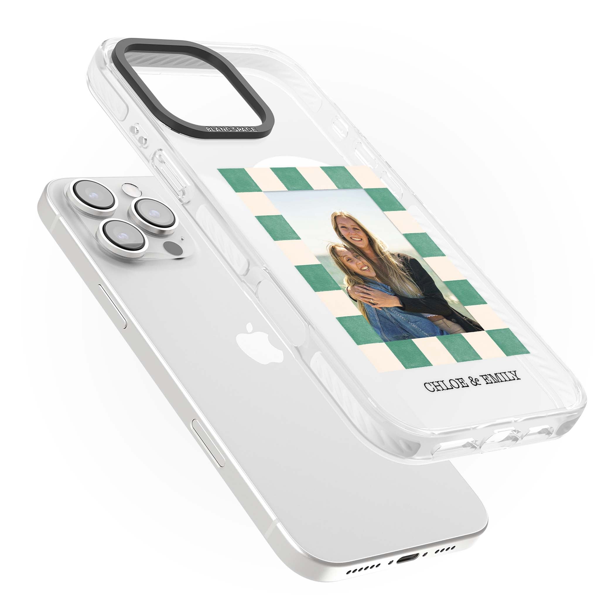Seafoam Check Photo personalised iPhone case featuring a custom polaroid photo, green and cream checkered frame, and custom n | Impact Magsafe case for iPhone 16 Pro, iPhone 16 Pro Max