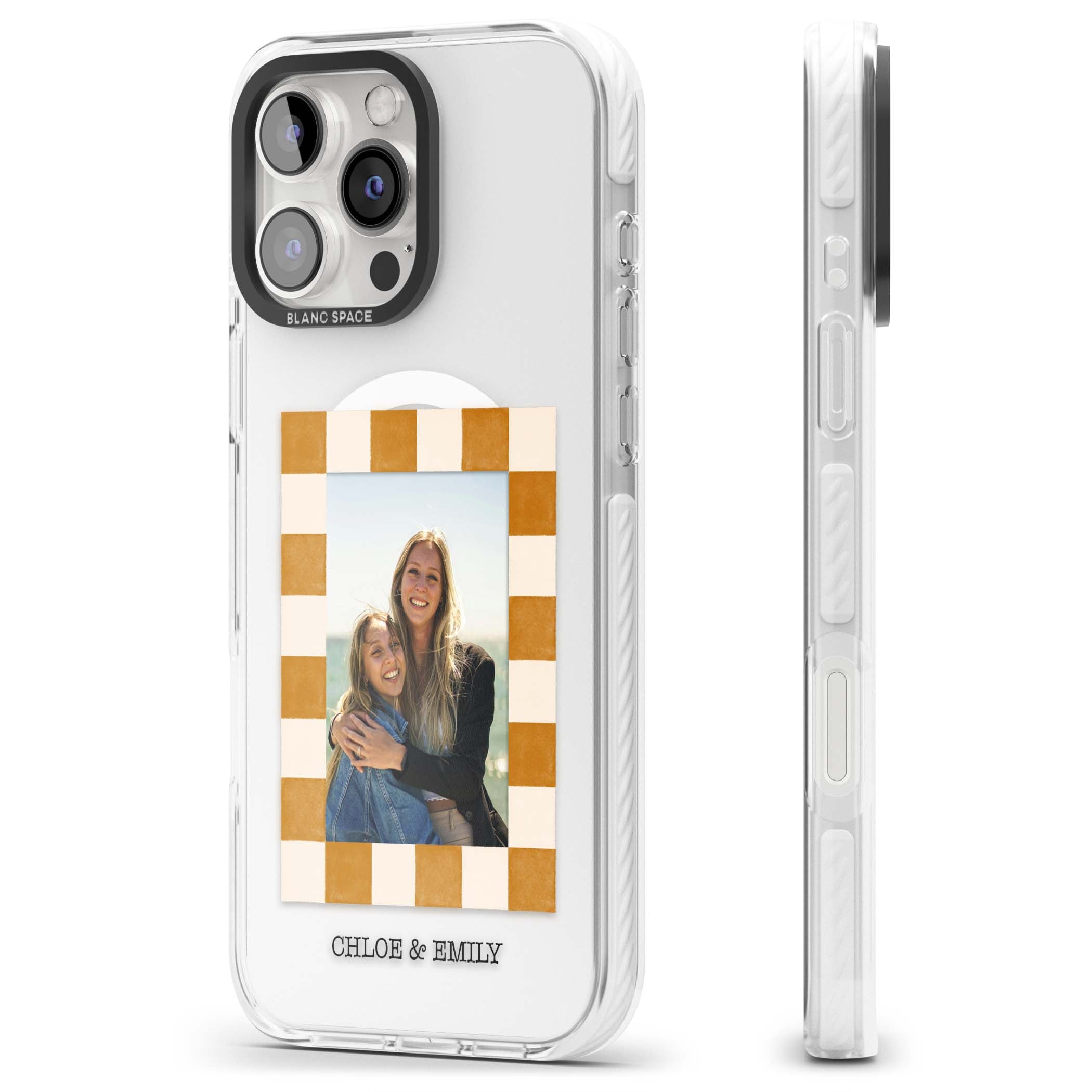 Citrus Check Photo personalised iPhone case with custom photo, orange checkered frame and names underneath | Impact Magsafe case for iPhone 16 Pro, iPhone 16 Pro Max