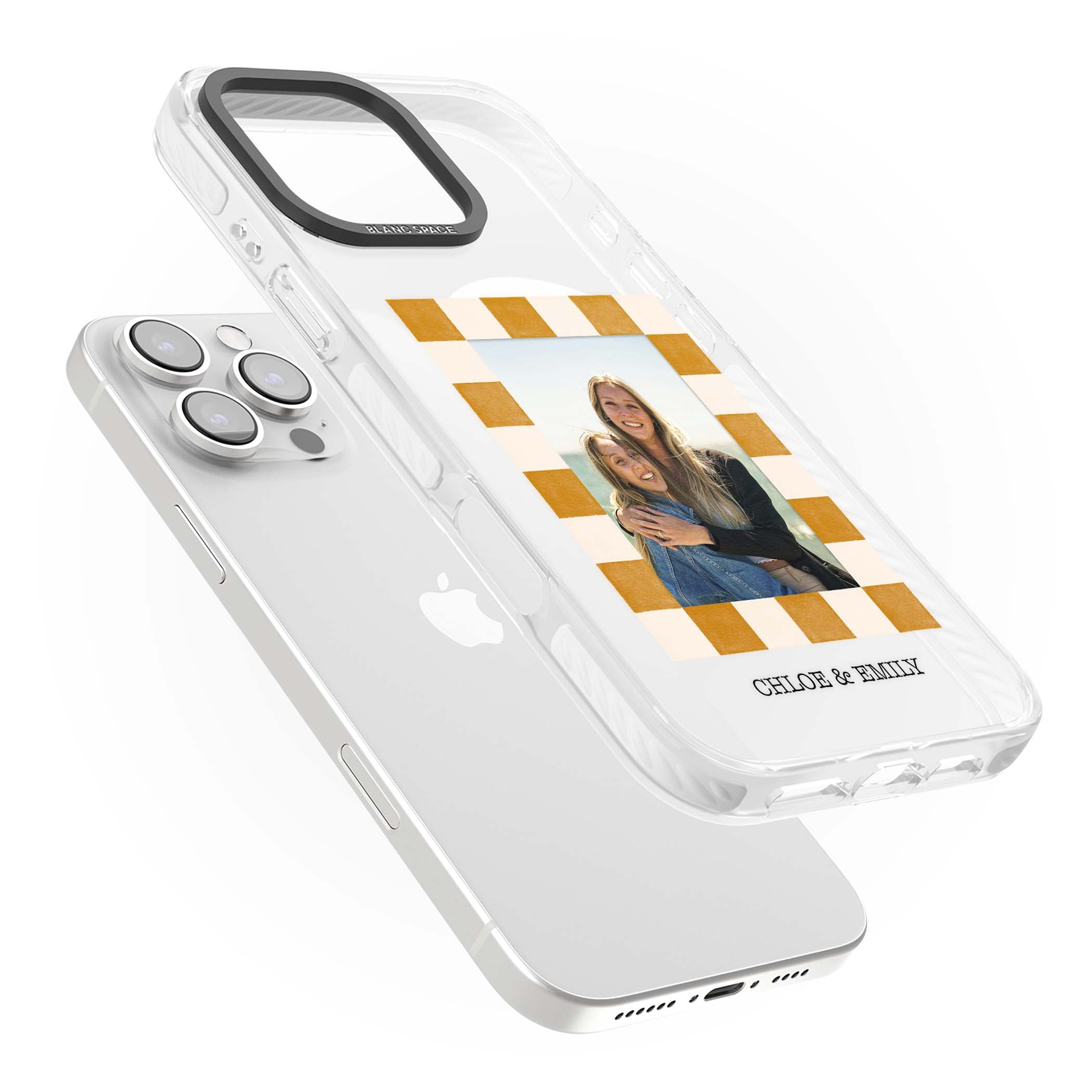Citrus Check Photo personalised iPhone case with custom photo, orange checkered frame and names underneath | Impact Magsafe case for iPhone 16 Pro, iPhone 16 Pro Max