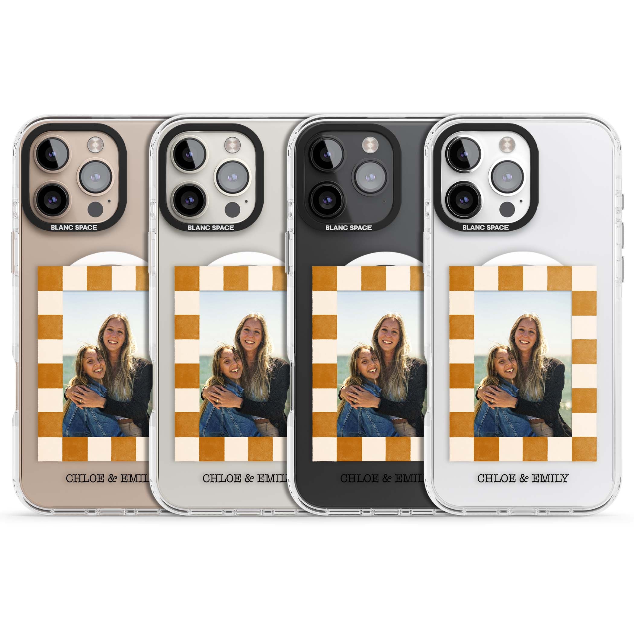 Citrus Check Photo personalised iPhone case with custom photo, orange checkered frame and names underneath | Impact Magsafe case for iPhone 16 Pro, iPhone 16 Pro Max