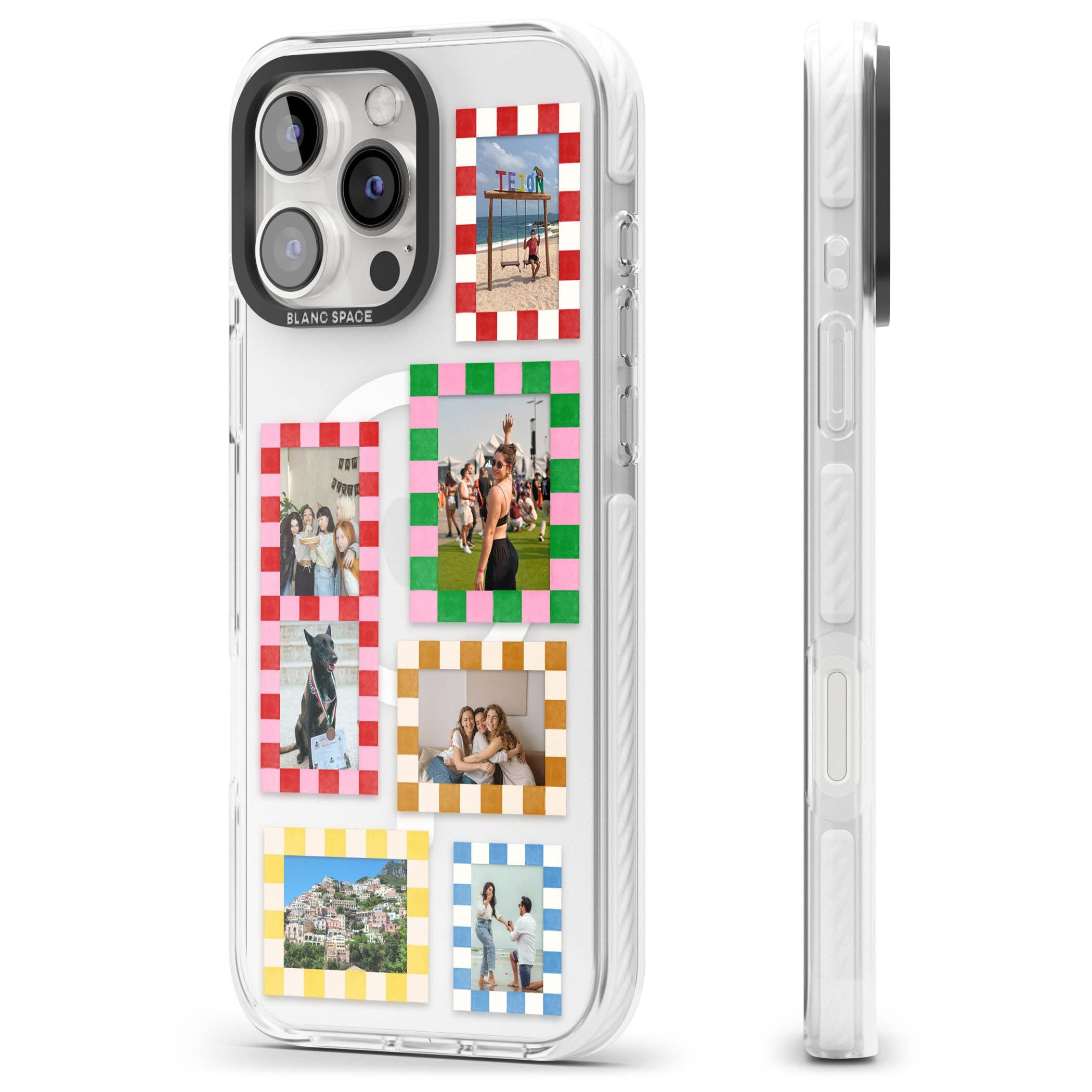 Italian Check Frames custom photo collage iPhone case featuring six checkered photo frames in red, green, pink and | Impact Magsafe case for iPhone 16 Pro, iPhone 16 Pro Max