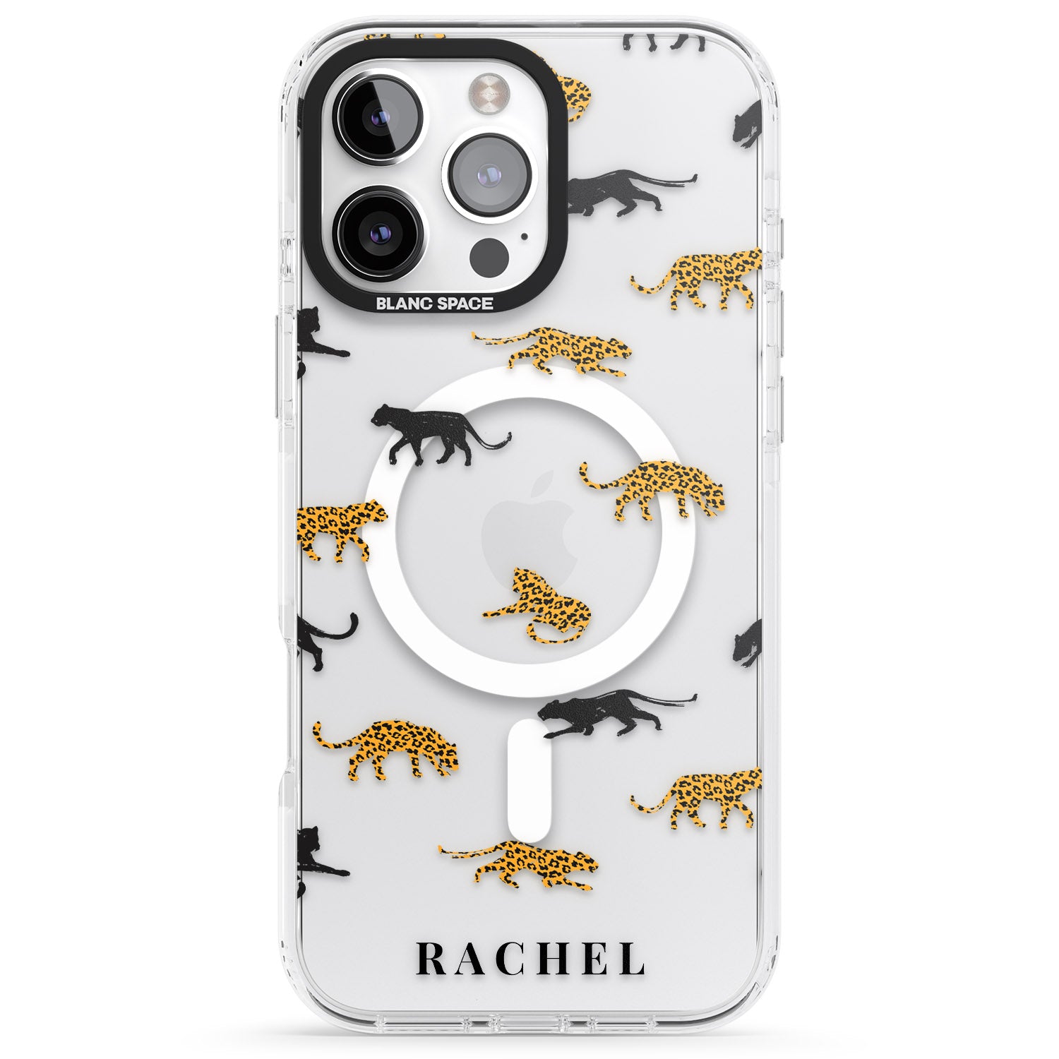 iPhone 16 Pro Max Personalised Jaguar Pattern on Transparent Black Impact Phone Case