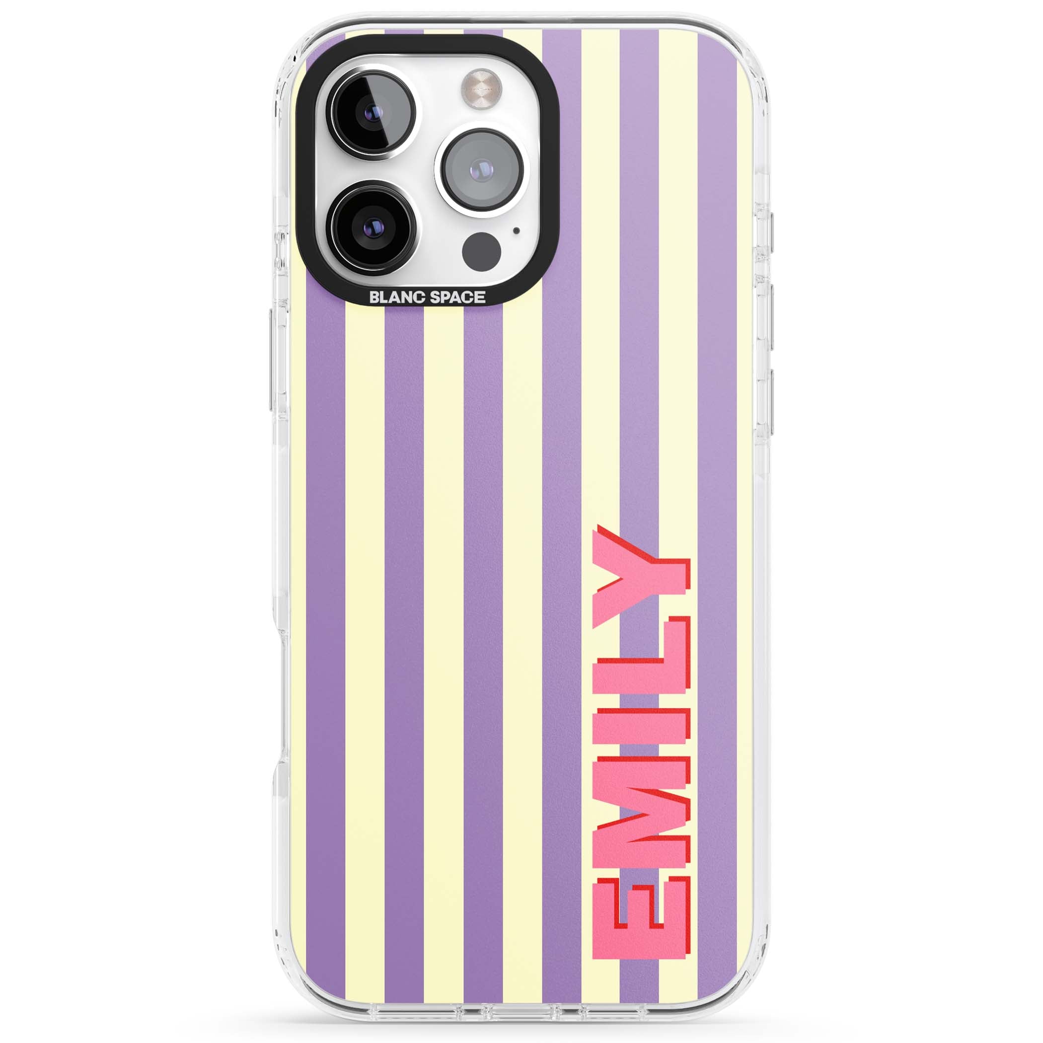 Valensole Stripe personalised iPhone case with purple and cream vertical stripes and pink custom name | Impact Magsafe case for iPhone 16 Pro, iPhone 16 Pro Max