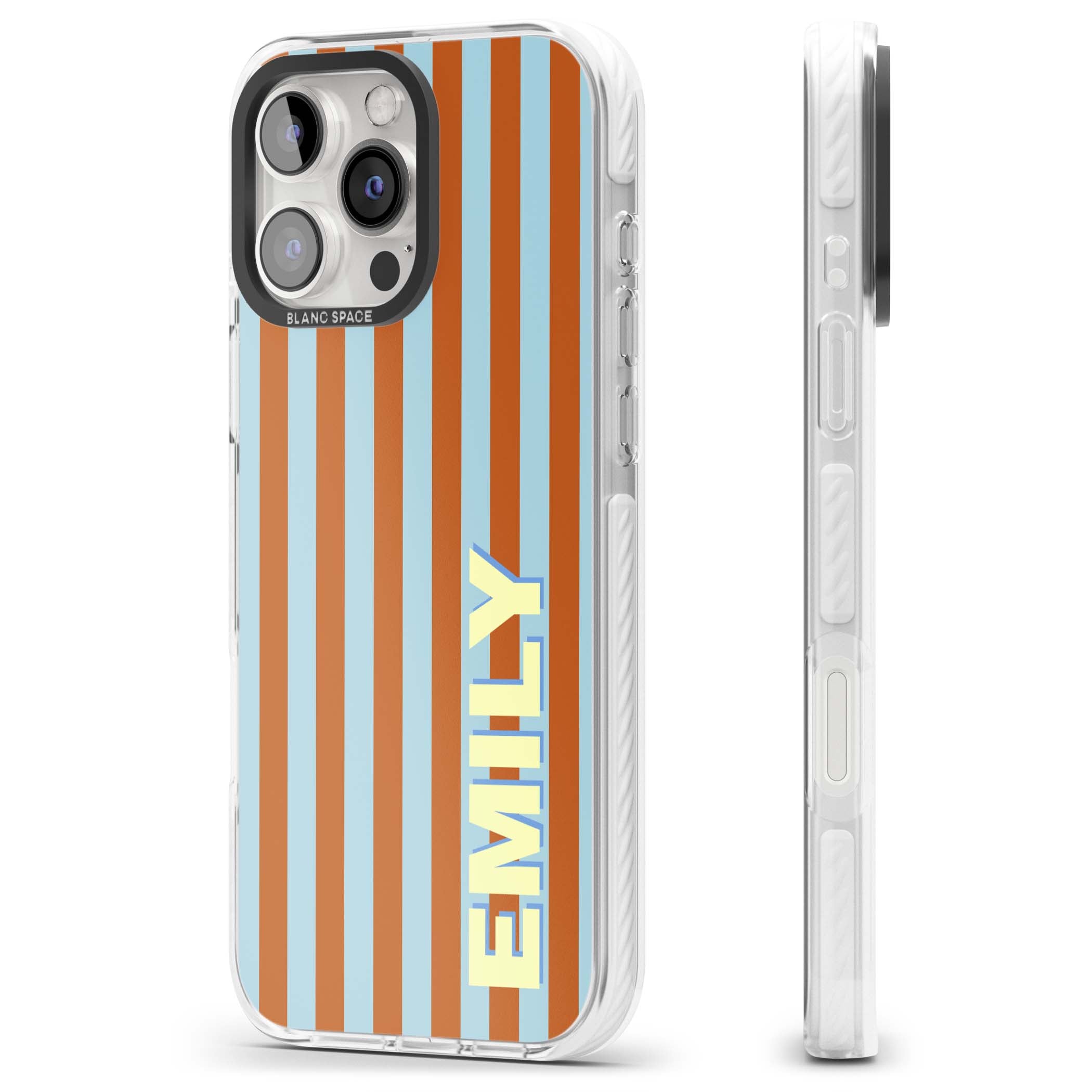 Cappadocia Stripe personalised coastal iPhone case featuring blue and orange vertical stripes with custom cream name | Impact Magsafe case for iPhone 16 Pro, iPhone 16 Pro Max