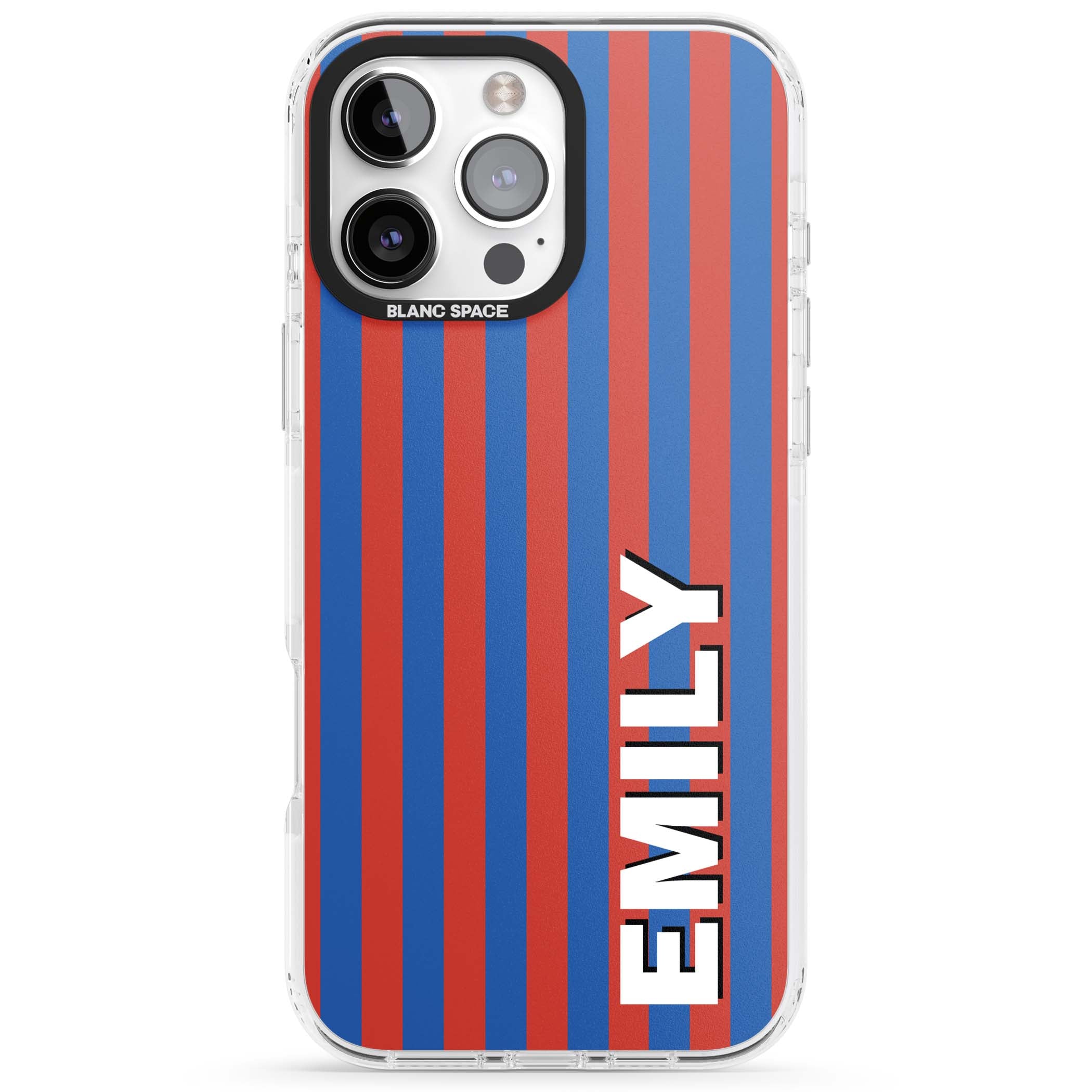 Cuban Stripe personalised iPhone case featuring red and blue vertical stripes with custom name in bold white letters | Impact Magsafe case for iPhone 16 Pro, iPhone 16 Pro Max