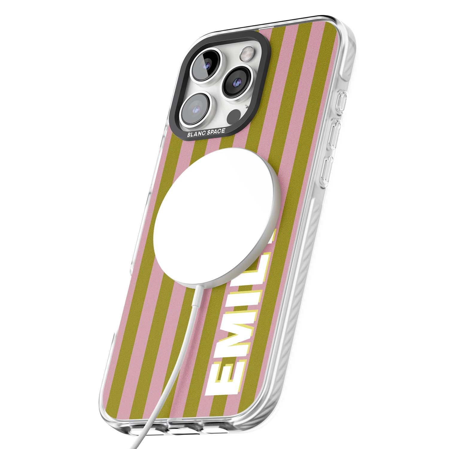 Istanbul Stripe personalised iPhone case featuring pink and olive green vertical stripes with a custom vertical name | Impact Magsafe case for iPhone 16 Pro, iPhone 16 Pro Max