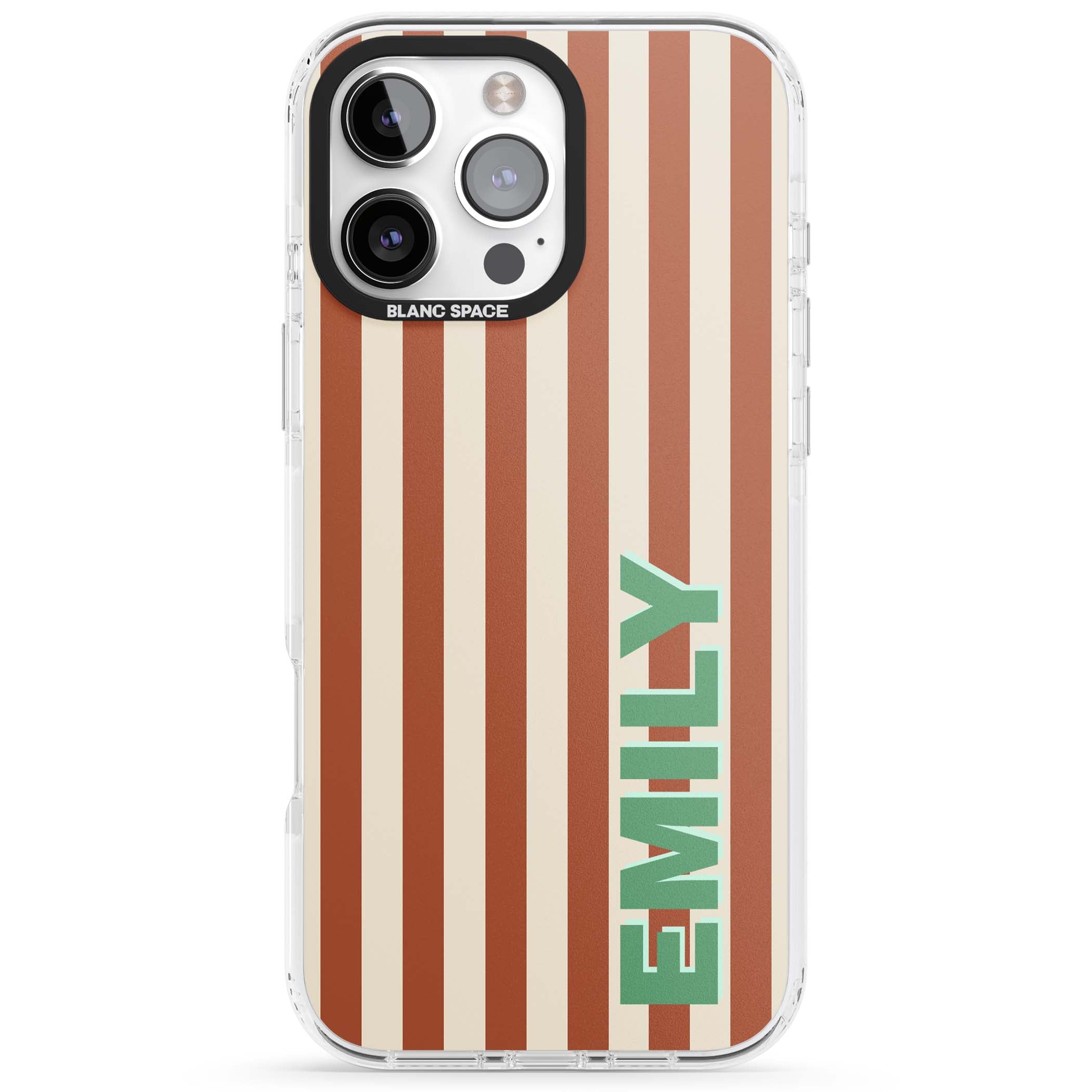Dune Stripe personalised iPhone case with rust and cream vertical stripes and custom name in mint green | Impact Magsafe case for iPhone 16 Pro, iPhone 16 Pro Max
