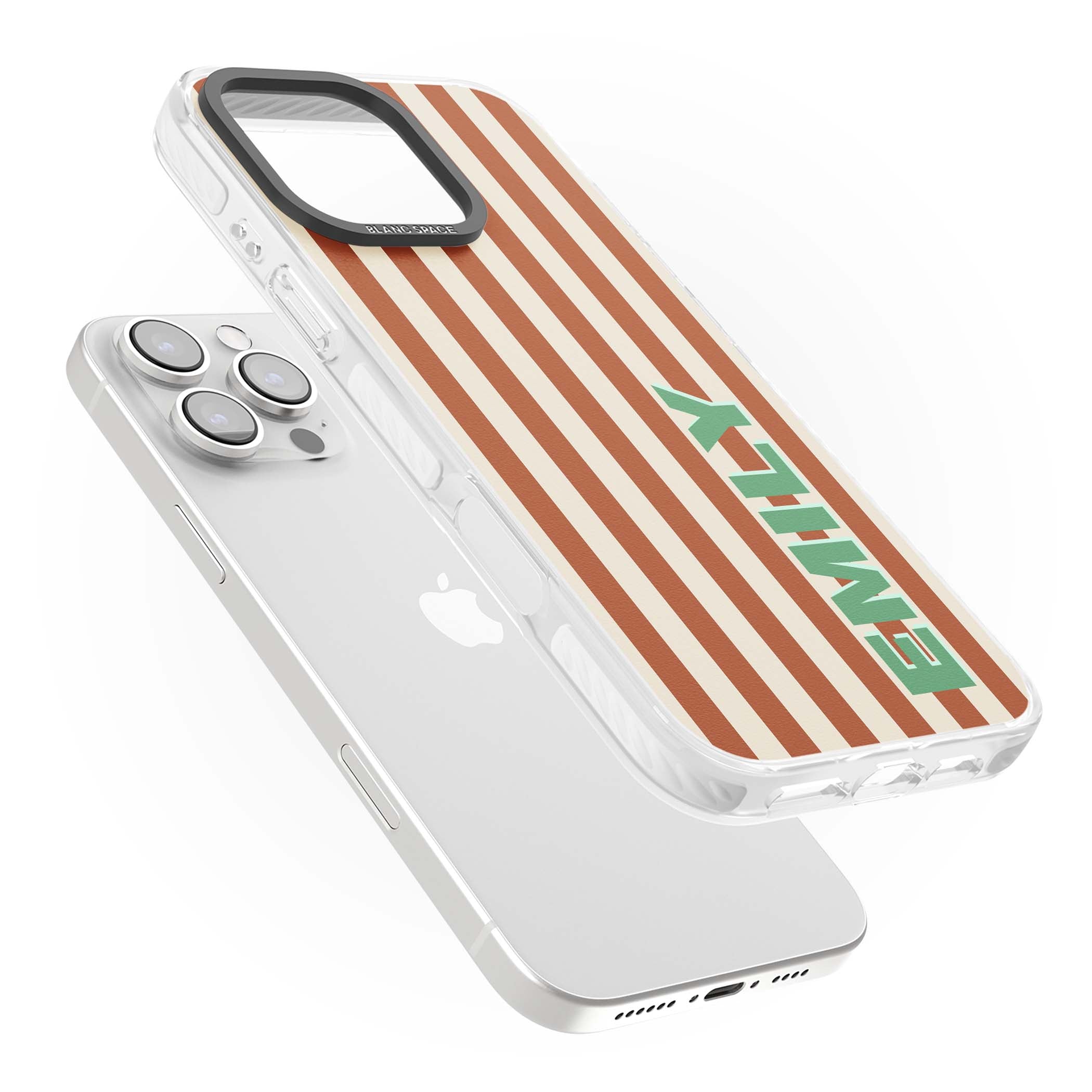 Dune Stripe personalised iPhone case with rust and cream vertical stripes and custom name in mint green | Impact Magsafe case for iPhone 16 Pro, iPhone 16 Pro Max