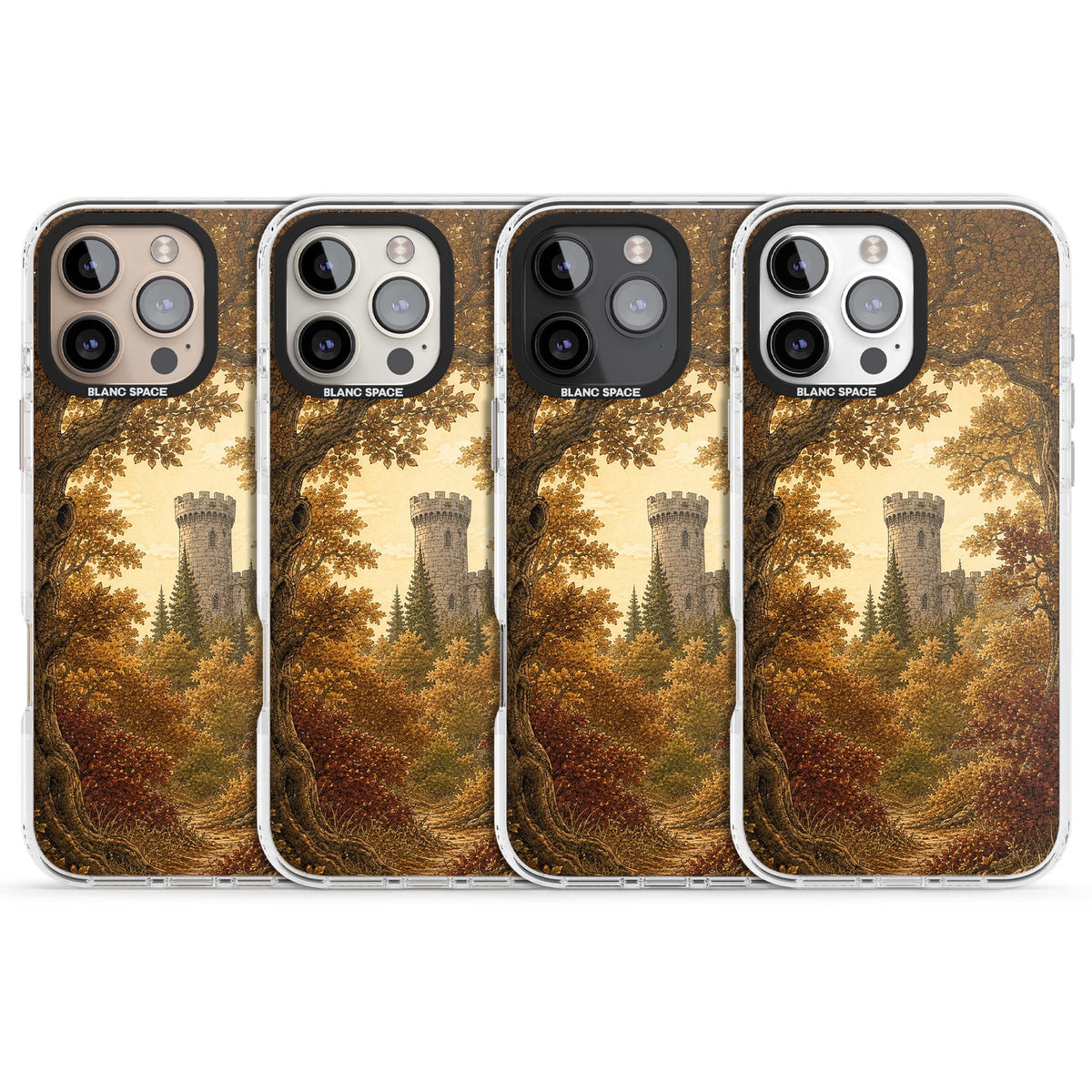 Autumn Keep cottagecore iPhone case featuring a medieval castle tower framed by golden autumn trees and woodland foliage | Impact Magsafe case for iPhone 16 Pro, iPhone 16 Pro Max