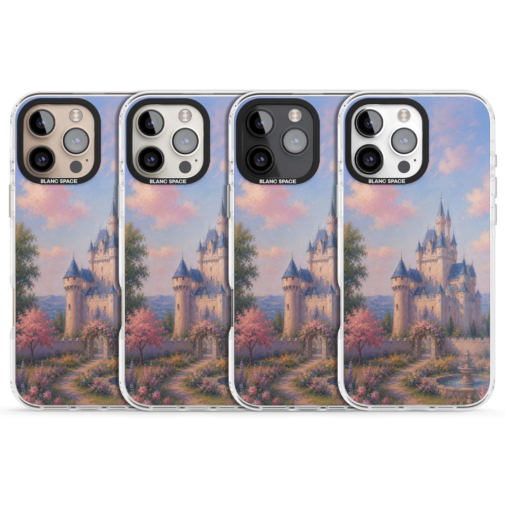 Enchanted Kingdom fairytale iPhone case featuring a romantic castle painting with cherry blossoms and pastel pink sky | Impact Magsafe case for iPhone 16 Pro, iPhone 16 Pro Max