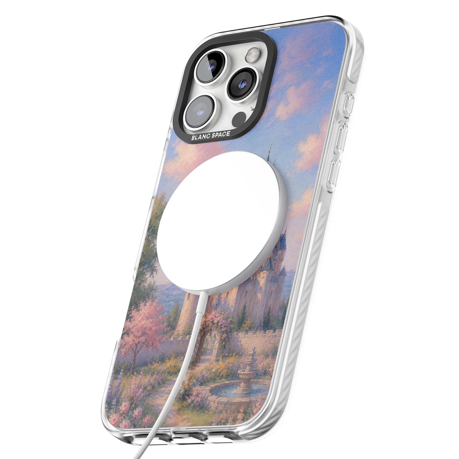 Enchanted Kingdom fairytale iPhone case featuring a romantic castle painting with cherry blossoms and pastel pink sky | Impact Magsafe case for iPhone 16 Pro, iPhone 16 Pro Max