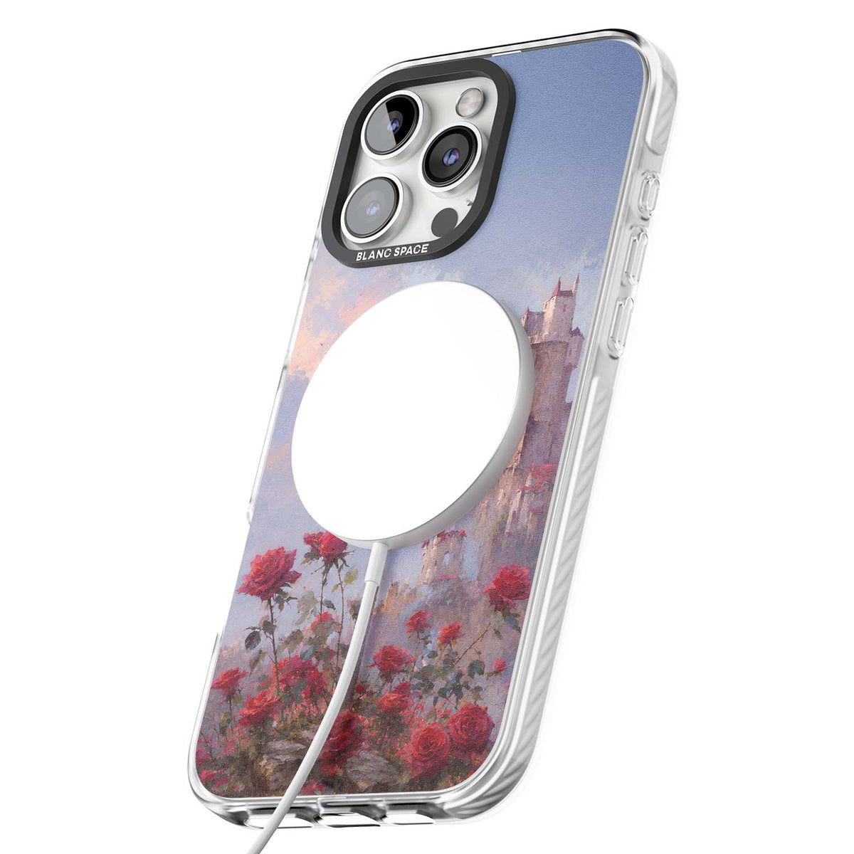 Sword in Roses medieval art iPhone case featuring a sword, red roses, and a misty fairytale castle at sunset | Impact Magsafe case for iPhone 16 Pro, iPhone 16 Pro Max