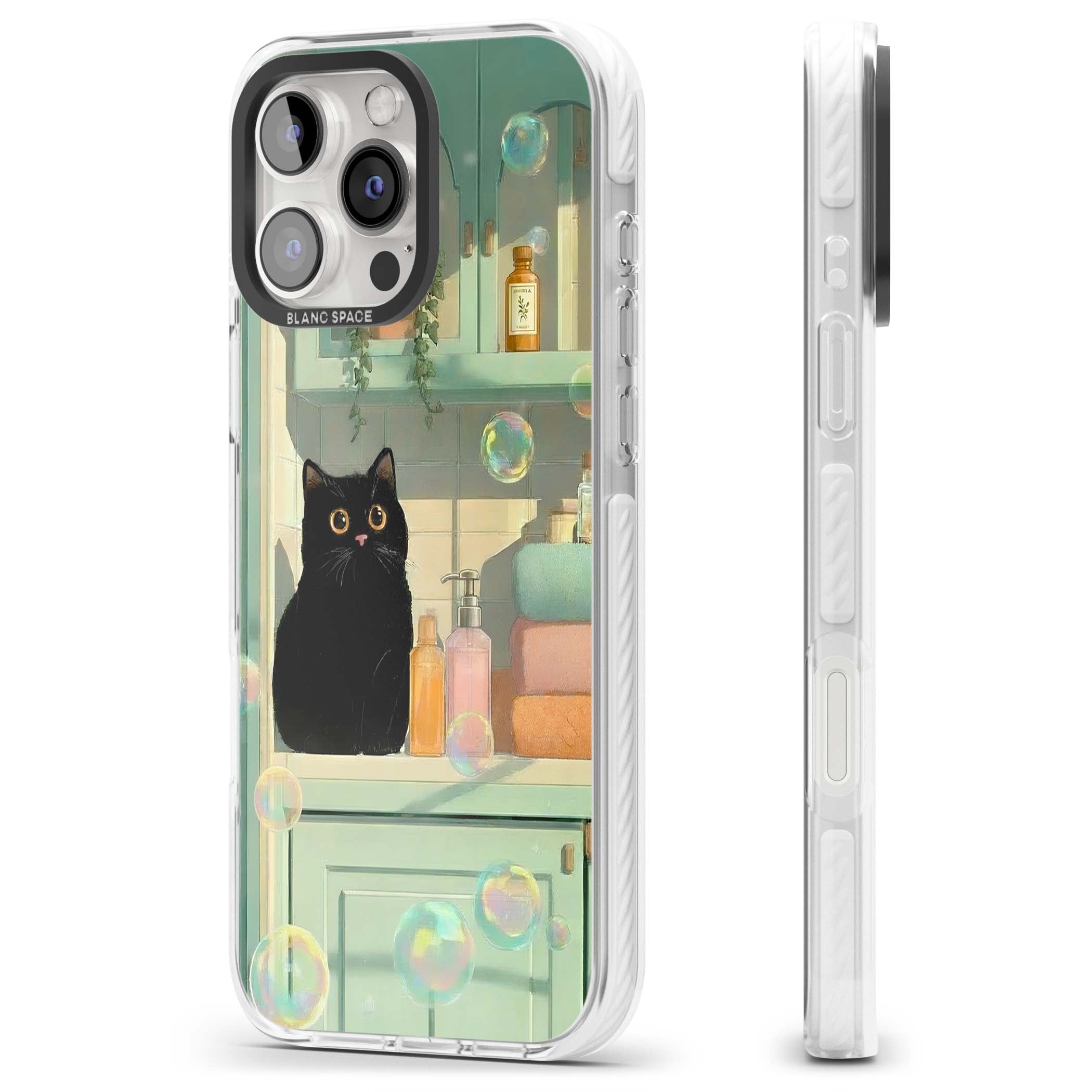Bathroom Bubble Kitty cottagecore iPhone case featuring a black cat, mint bathroom scene and floating soap bubbles | Impact Magsafe case for iPhone 16 Pro, iPhone 16 Pro Max