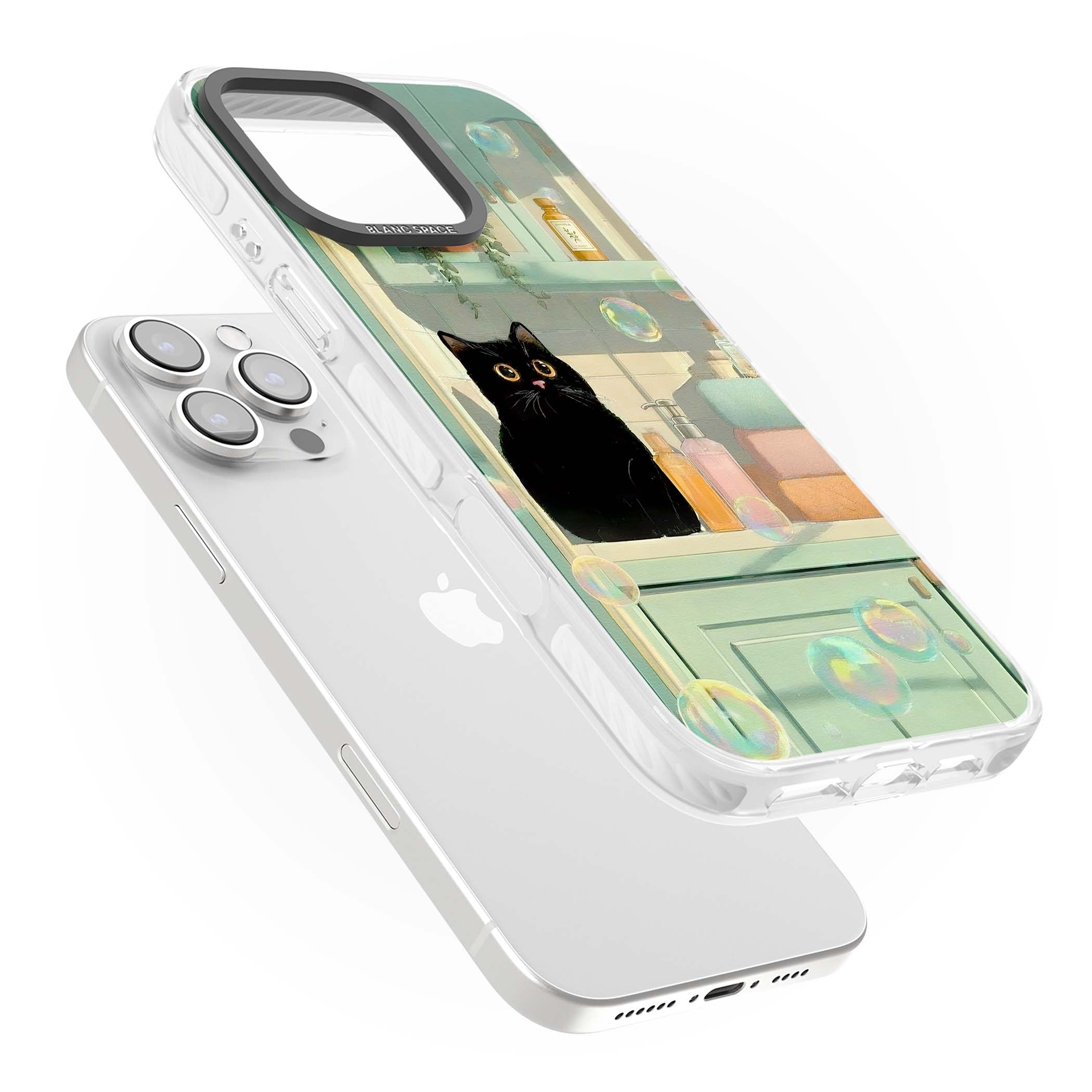 Bathroom Bubble Kitty cottagecore iPhone case featuring a black cat, mint bathroom scene and floating soap bubbles | Impact Magsafe case for iPhone 16 Pro, iPhone 16 Pro Max