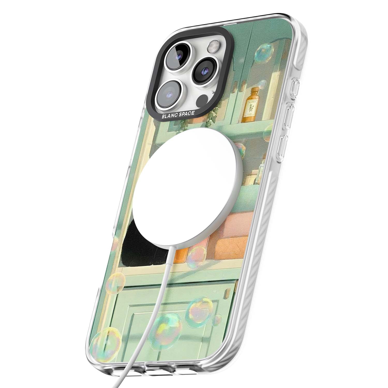 Bathroom Bubble Kitty cottagecore iPhone case featuring a black cat, mint bathroom scene and floating soap bubbles | Impact Magsafe case for iPhone 16 Pro, iPhone 16 Pro Max