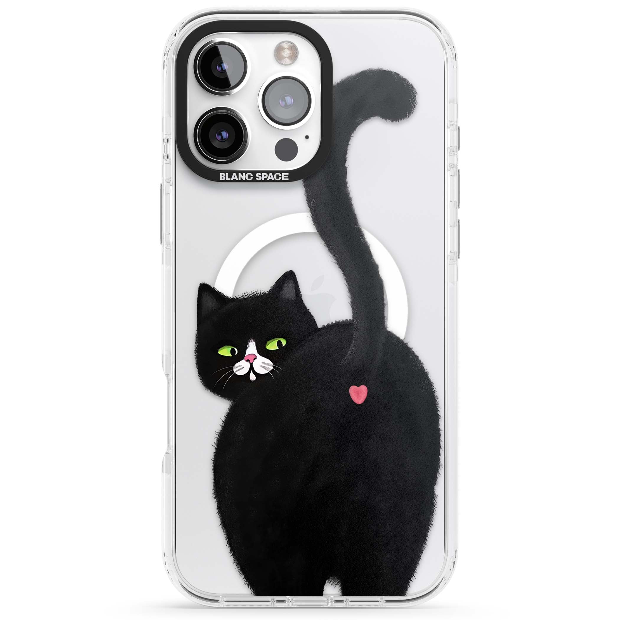 The Cat's Kiss cute cat iPhone case featuring a hand-painted tuxedo kitty with green eyes and a pink heart on a clear | Impact Magsafe case for iPhone 16 Pro, iPhone 16 Pro Max