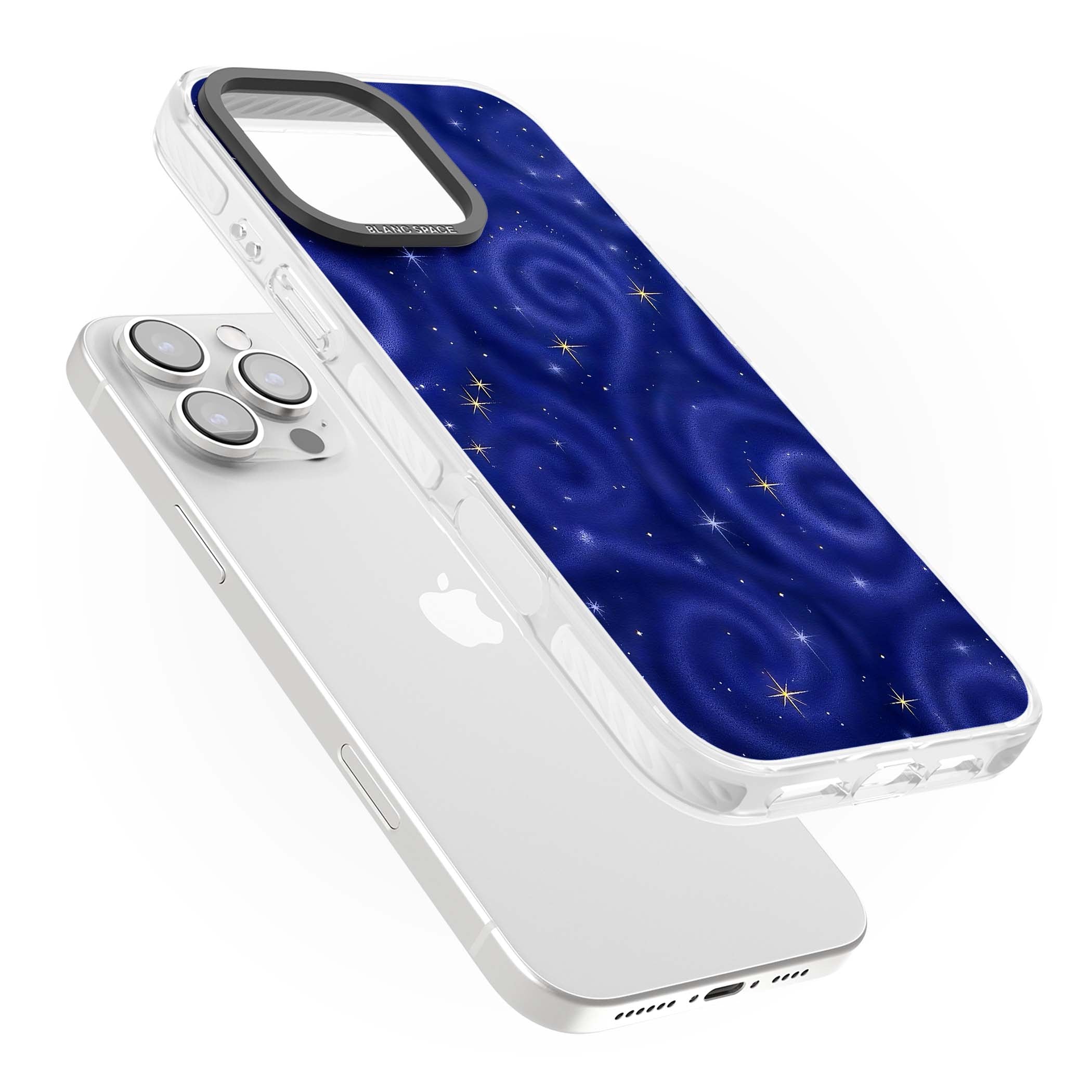Indigo Cosmos celestial iPhone case featuring swirling navy night sky and sparkling golden stars | Impact Magsafe case for iPhone 16 Pro, iPhone 16 Pro Max