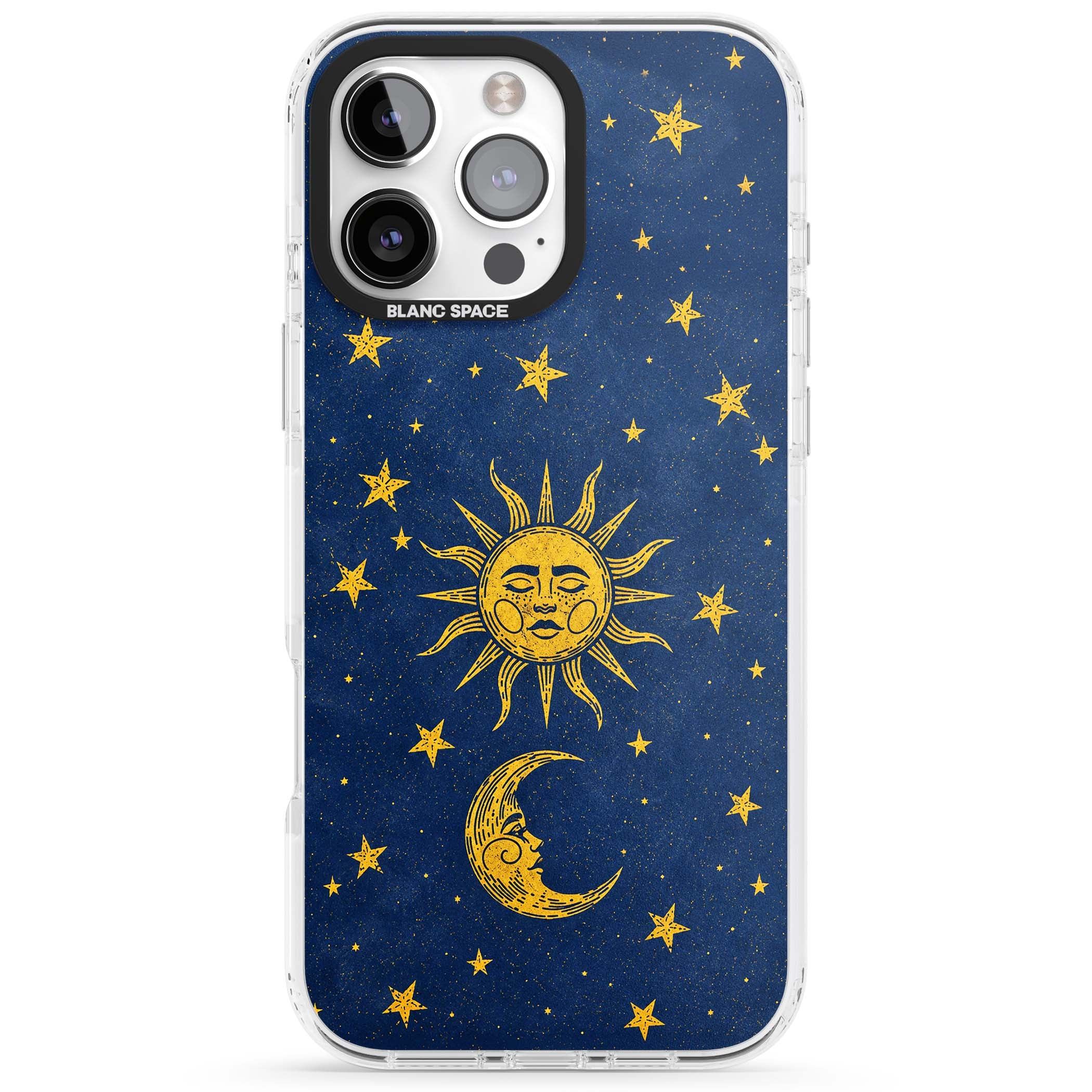 Sun & Moon Reverie celestial iPhone case featuring a vintage golden sun, crescent moon and scattered stars on midnight blue | Impact Magsafe case for iPhone 16 Pro, iPhone 16 Pro Max