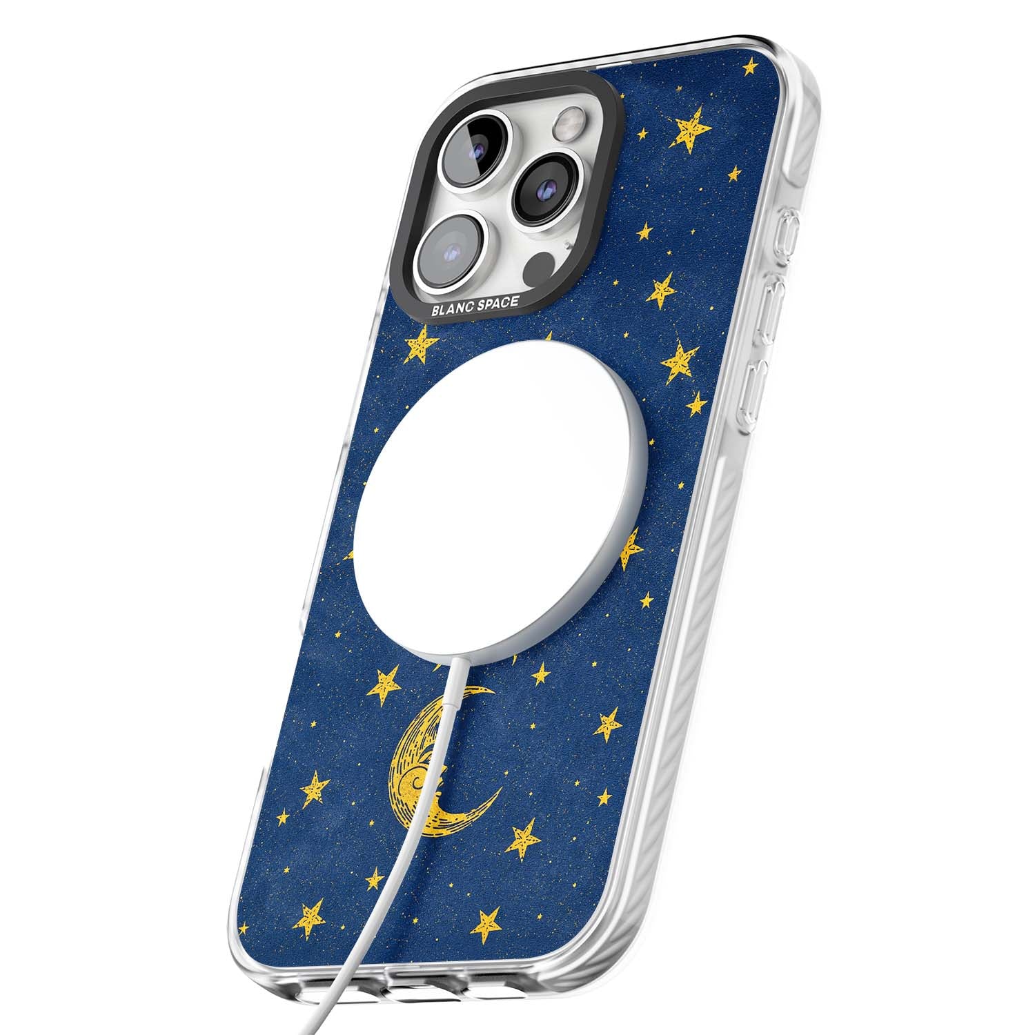 Sun & Moon Reverie celestial iPhone case featuring a vintage golden sun, crescent moon and scattered stars on midnight blue | Impact Magsafe case for iPhone 16 Pro, iPhone 16 Pro Max