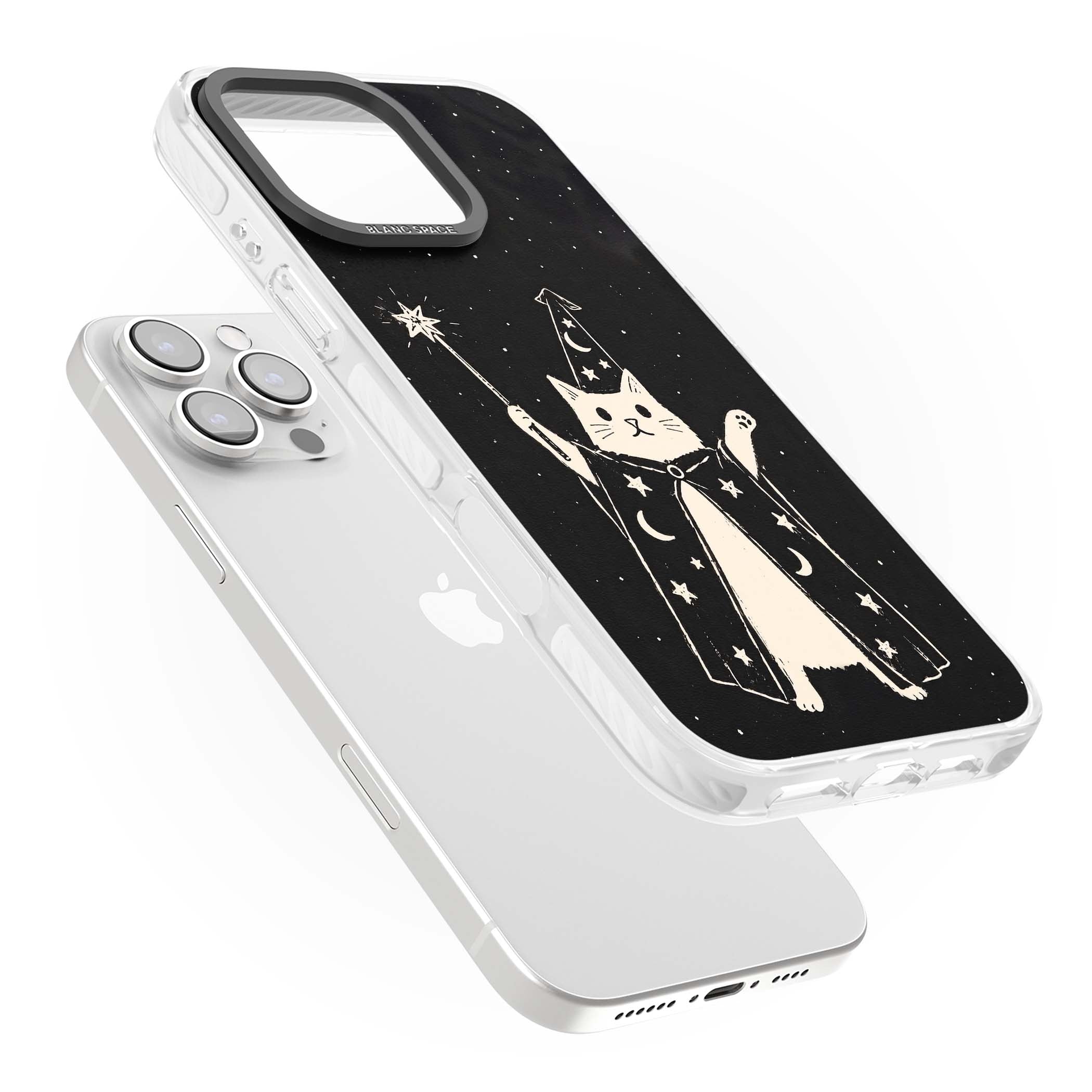Whisker Wizard celestial cat iPhone case featuring a wizard cat with magic wand, starry night sky and crescent moons | Impact Magsafe case for iPhone 16 Pro, iPhone 16 Pro Max