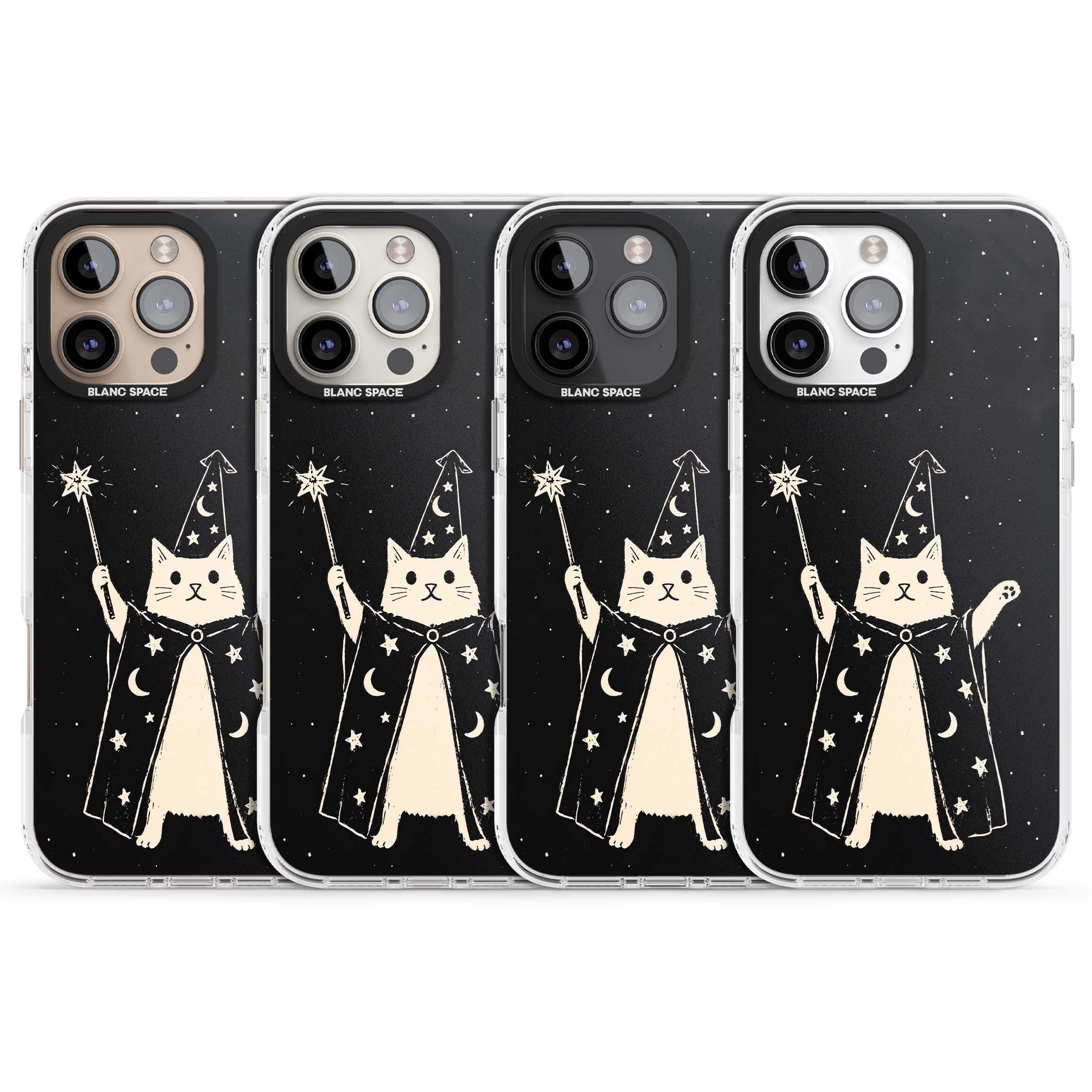 Whisker Wizard celestial cat iPhone case featuring a wizard cat with magic wand, starry night sky and crescent moons | Impact Magsafe case for iPhone 16 Pro, iPhone 16 Pro Max
