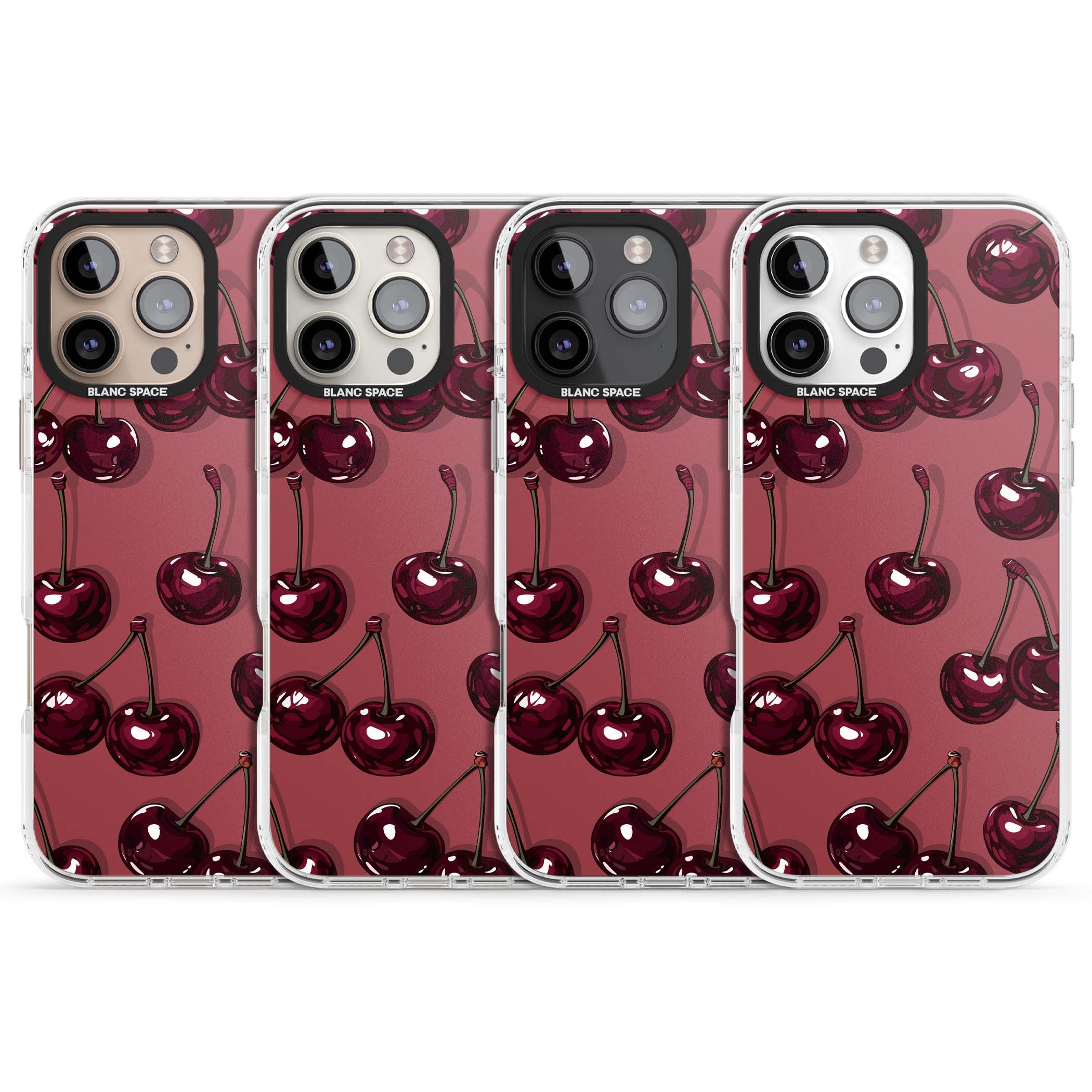 Cherry Rebel coquette iPhone case featuring glossy burgundy cherries on a dusty rose background | Impact Magsafe case for iPhone 16 Pro, iPhone 16 Pro Max