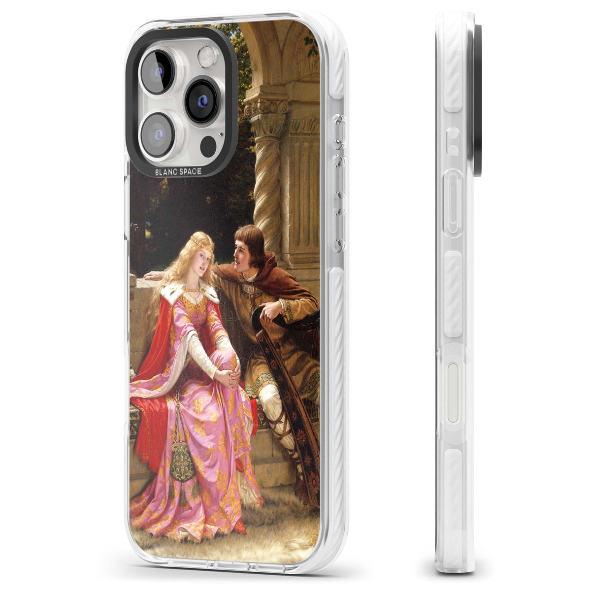 The End of the Song classic art iPhone case featuring a medieval lady in pink gown and her knight in a stone archway | Impact Magsafe case for iPhone 16 Pro, iPhone 16 Pro Max
