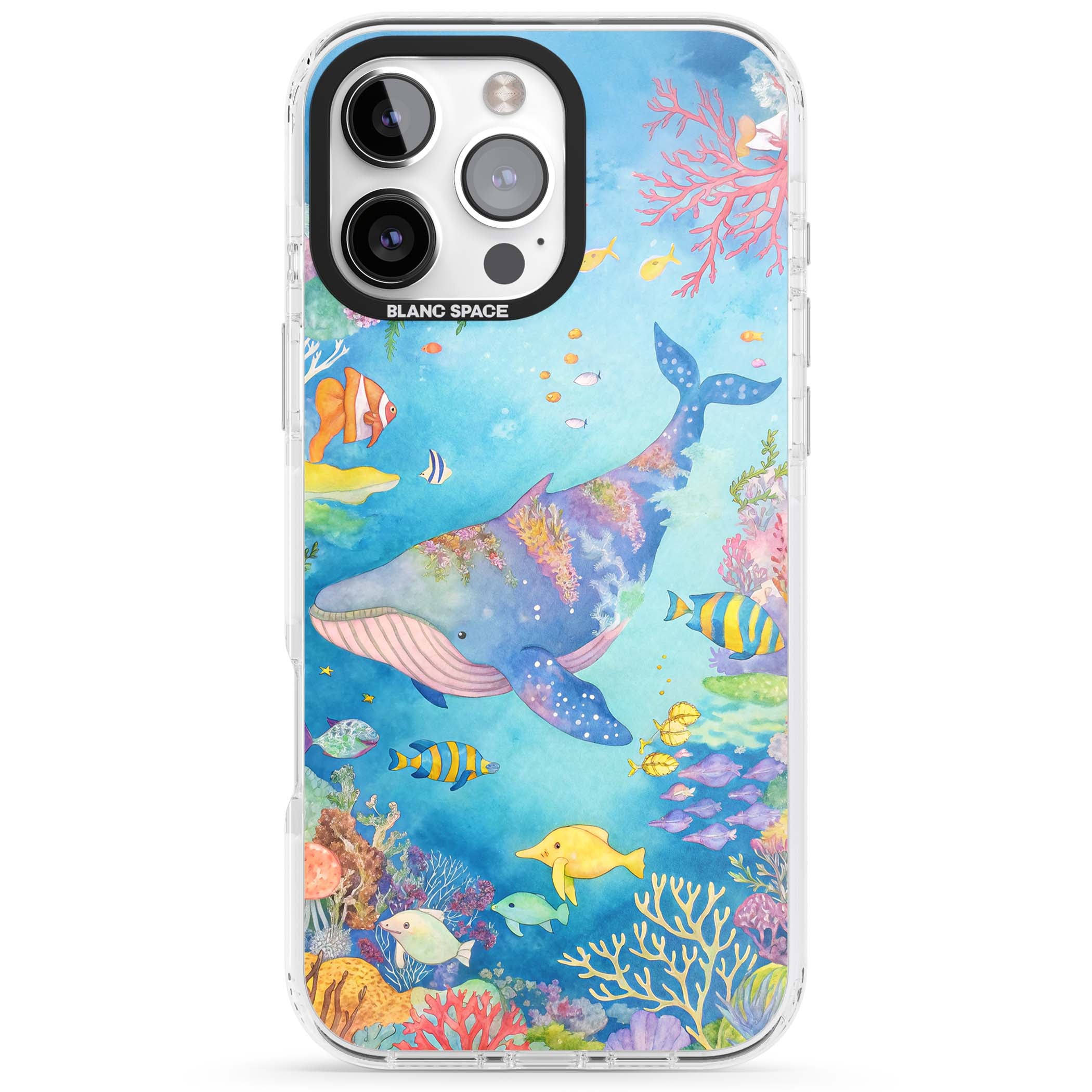 Coral Lagoon ocean iPhone case featuring a watercolour whale, coral reef and tropical fish | Impact Magsafe case for iPhone 16 Pro, iPhone 16 Pro Max