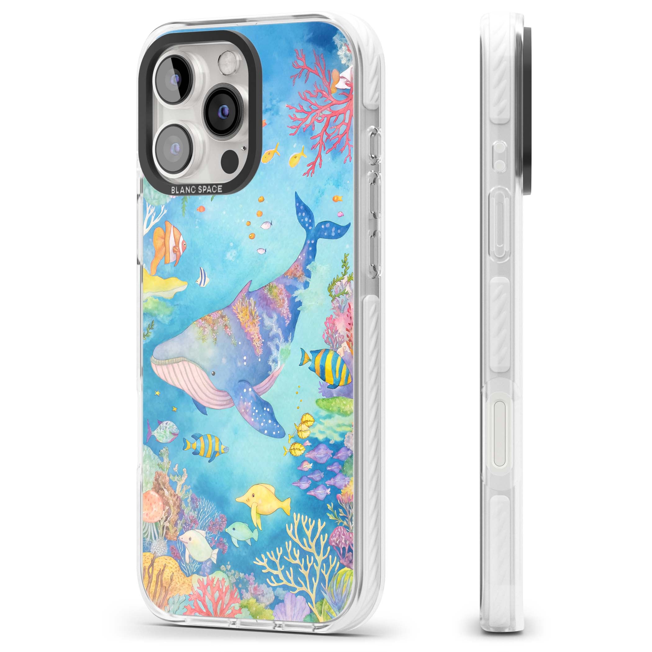 Coral Lagoon ocean iPhone case featuring a watercolour whale, coral reef and tropical fish | Impact Magsafe case for iPhone 16 Pro, iPhone 16 Pro Max