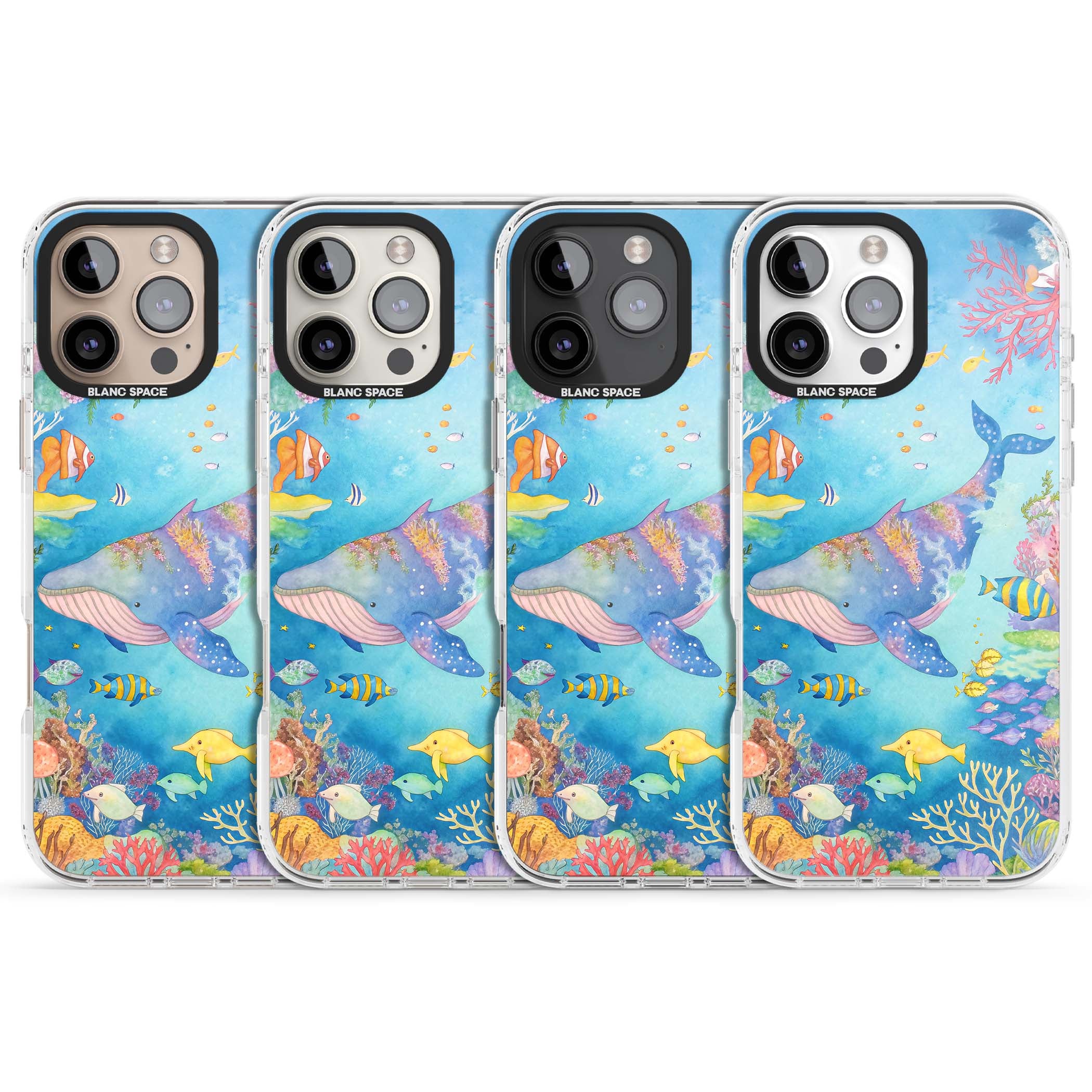 Coral Lagoon ocean iPhone case featuring a watercolour whale, coral reef and tropical fish | Impact Magsafe case for iPhone 16 Pro, iPhone 16 Pro Max