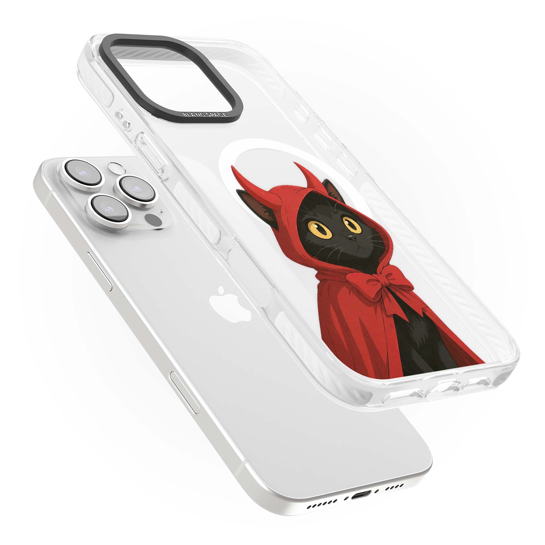 Little Devil halloween iPhone case featuring a black cat in a red hooded devil cloak with horns and golden eyes | Impact Magsafe case for iPhone 16 Pro, iPhone 16 Pro Max