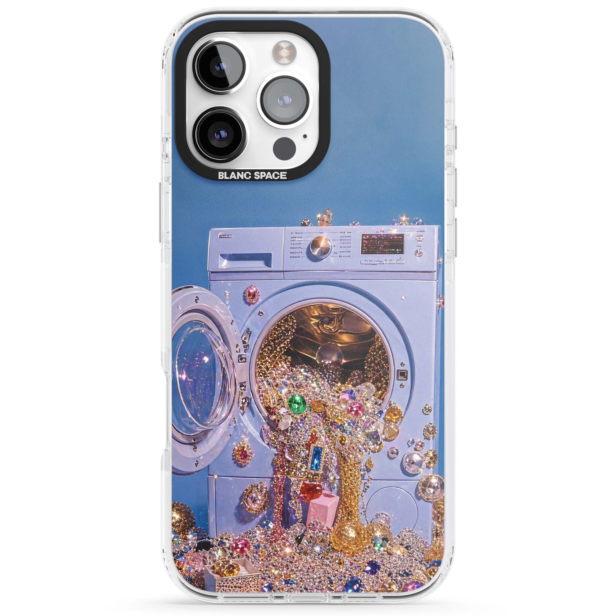 Gem Laundry baddie iPhone case featuring a surreal washing machine overflowing with colourful gemstones and crystals | Impact Magsafe case for iPhone 16 Pro, iPhone 16 Pro Max