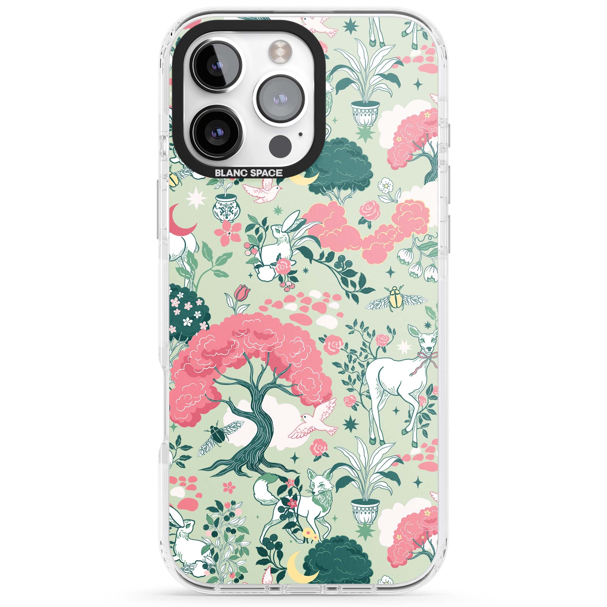 Enchanted Woodland cottagecore iPhone case featuring white deer, pink roses, mushrooms and woodland animals on sage green | Impact Magsafe case for iPhone 16 Pro, iPhone 16 Pro Max