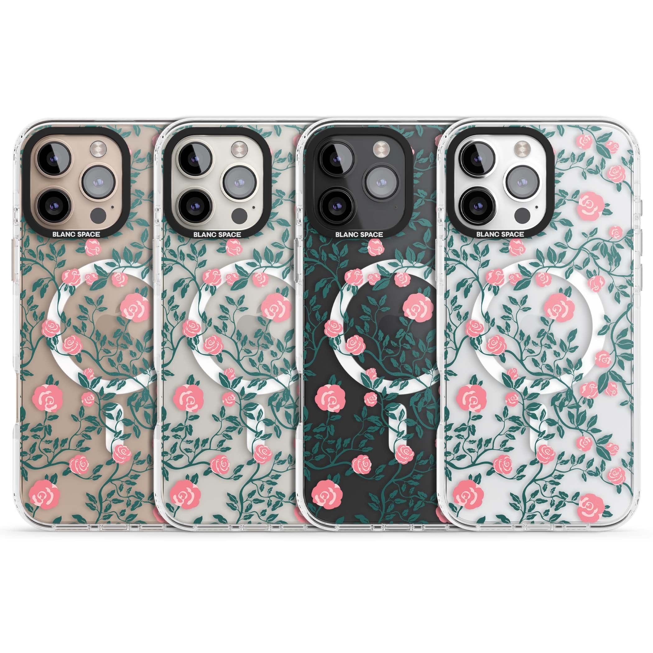 Rose Trellis (Clear) cottagecore iPhone case featuring pink climbing roses and green leaves on clear background | Impact Magsafe case for iPhone 16 Pro, iPhone 16 Pro Max