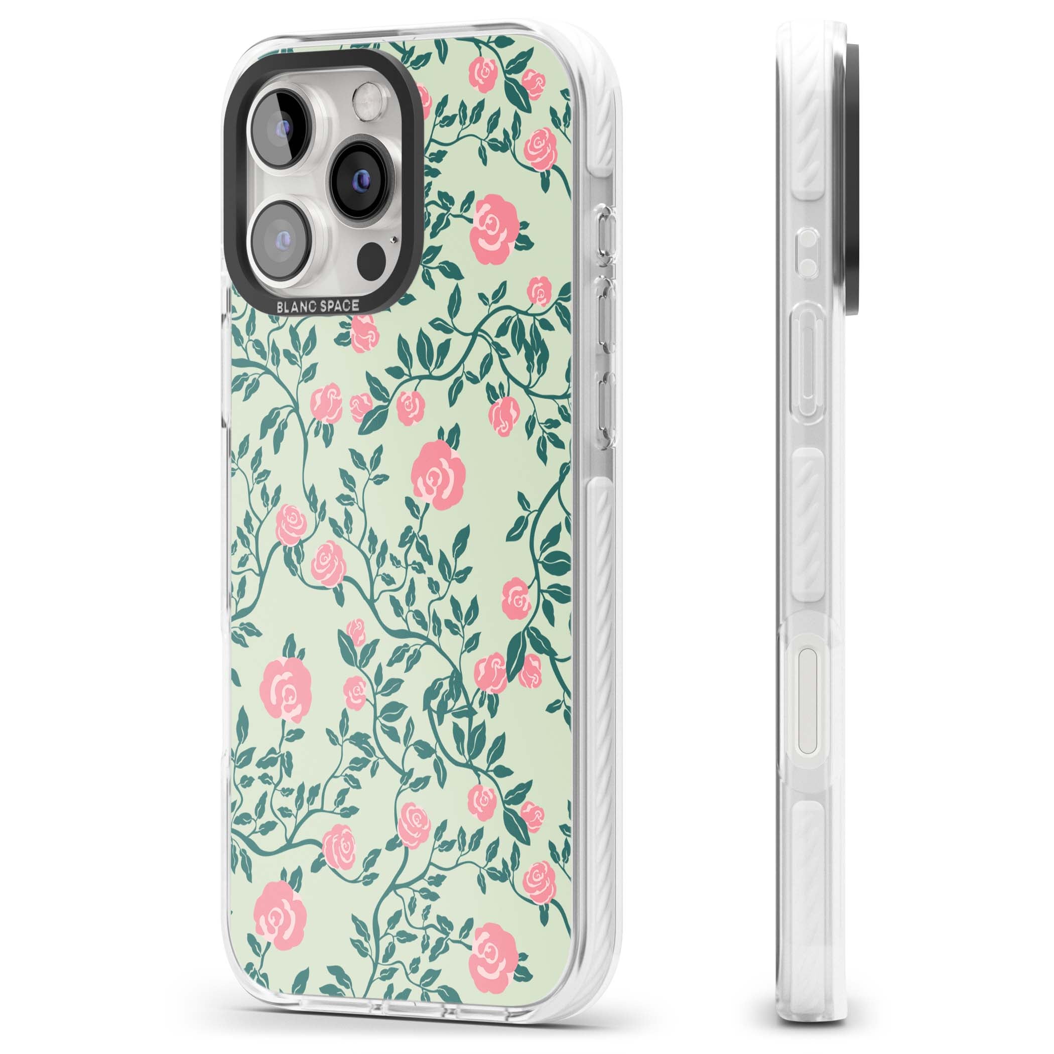 Rose Trellis cottagecore iPhone case featuring pink roses, sage green vines, and mint background | Impact Magsafe case for iPhone 16 Pro, iPhone 16 Pro Max