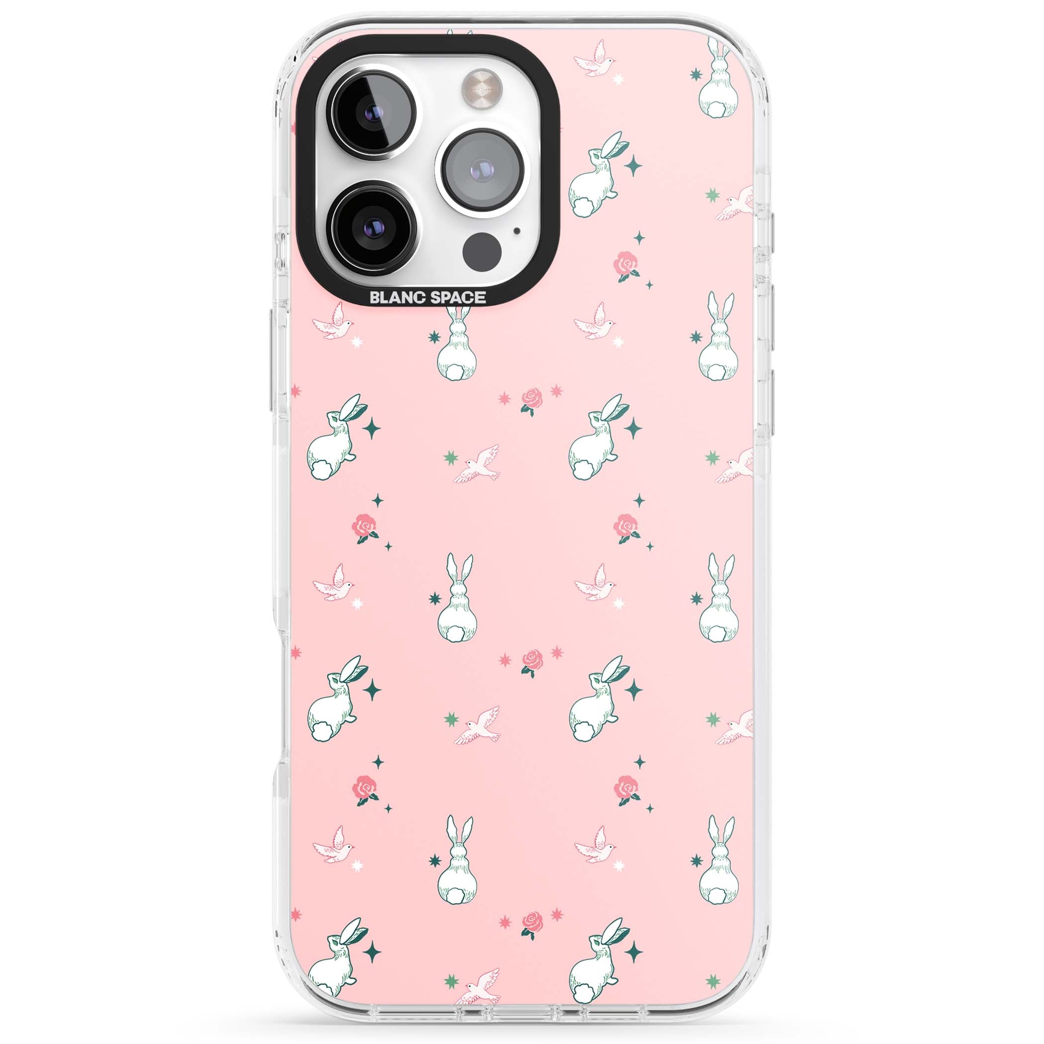 Bunny Garden kawaii iPhone case featuring white rabbits, pink roses, doves and stars on pink background | Impact Magsafe case for iPhone 16 Pro, iPhone 16 Pro Max