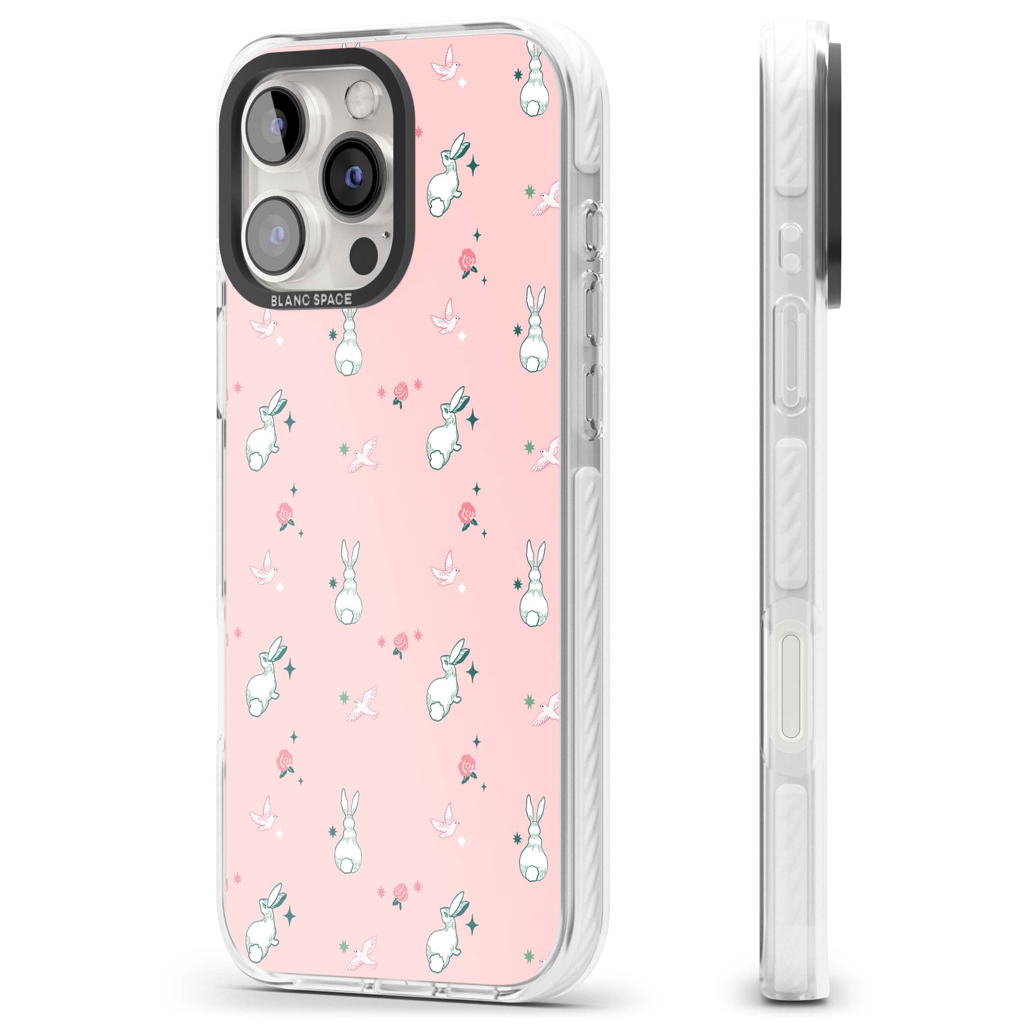Bunny Garden kawaii iPhone case featuring white rabbits, pink roses, doves and stars on pink background | Impact Magsafe case for iPhone 16 Pro, iPhone 16 Pro Max