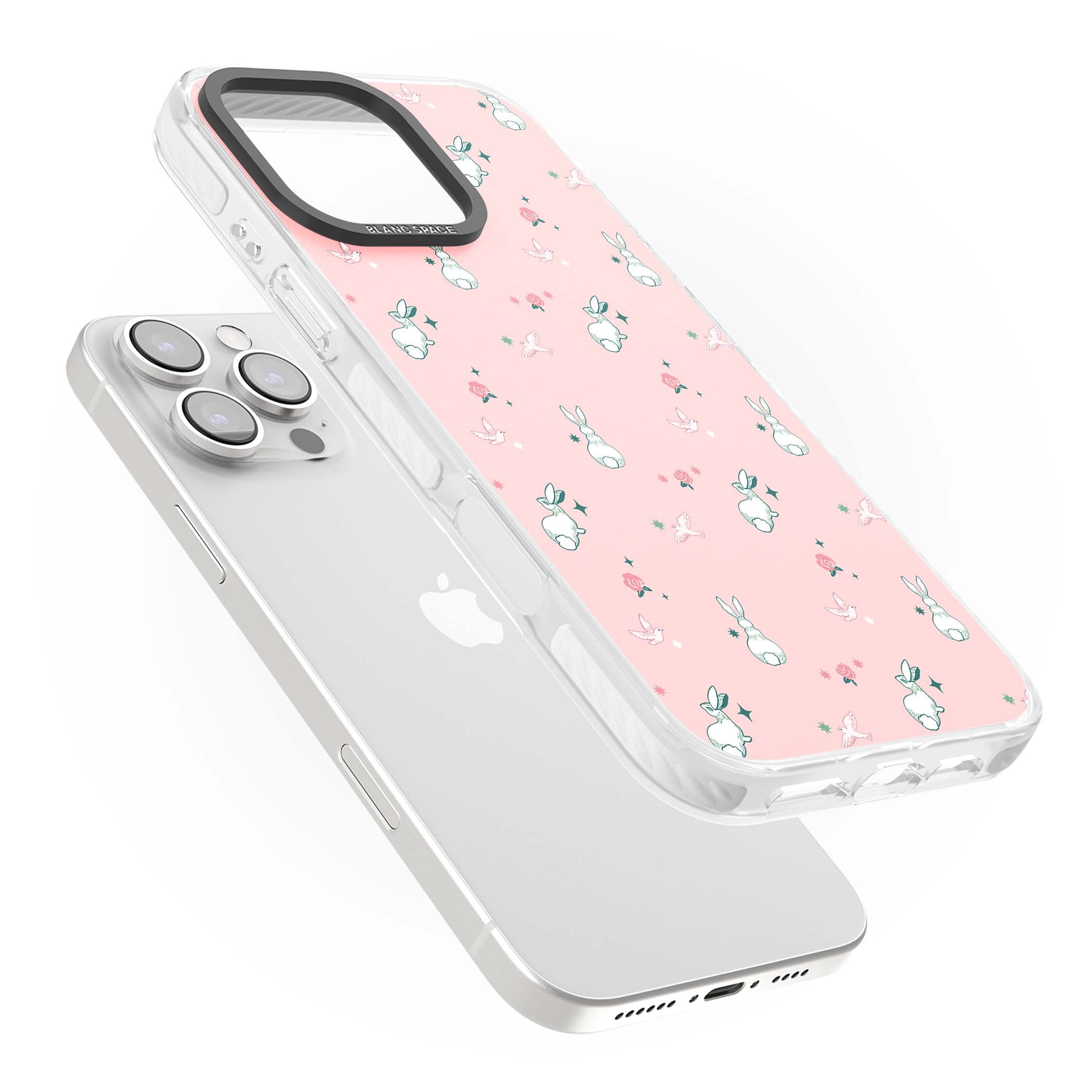 Bunny Garden kawaii iPhone case featuring white rabbits, pink roses, doves and stars on pink background | Impact Magsafe case for iPhone 16 Pro, iPhone 16 Pro Max