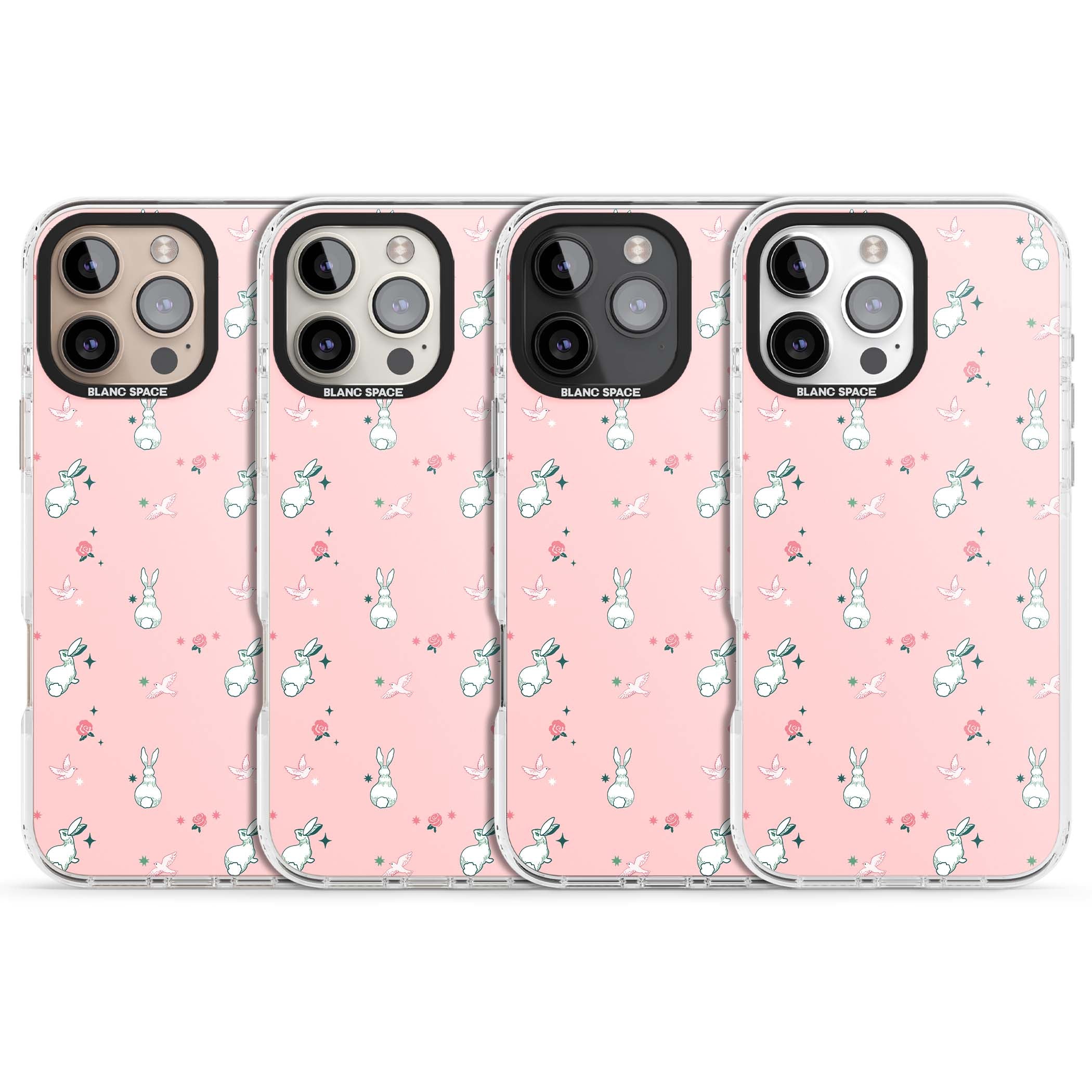 Bunny Garden kawaii iPhone case featuring white rabbits, pink roses, doves and stars on pink background | Impact Magsafe case for iPhone 16 Pro, iPhone 16 Pro Max