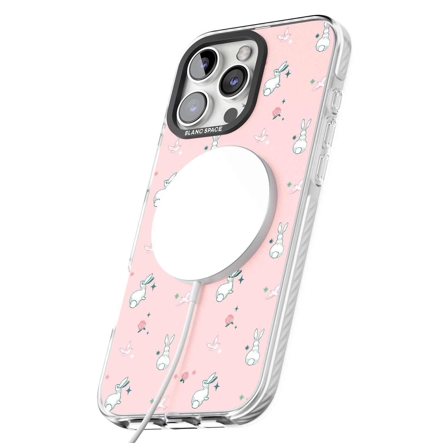 Bunny Garden kawaii iPhone case featuring white rabbits, pink roses, doves and stars on pink background | Impact Magsafe case for iPhone 16 Pro, iPhone 16 Pro Max