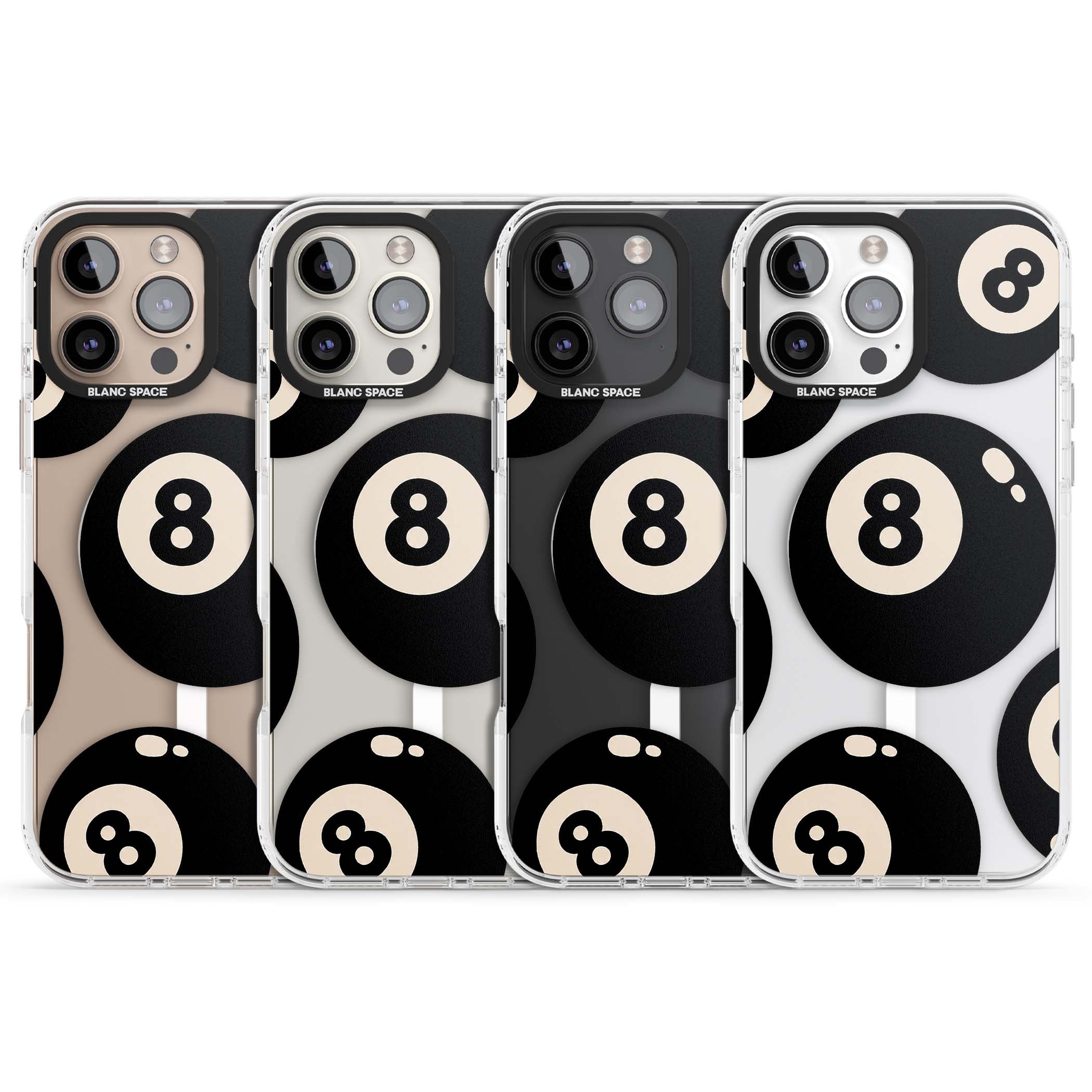 Eights y2k iPhone case featuring scattered black 8 balls with cream highlights on a clear background | Impact Magsafe case for iPhone 16 Pro, iPhone 16 Pro Max