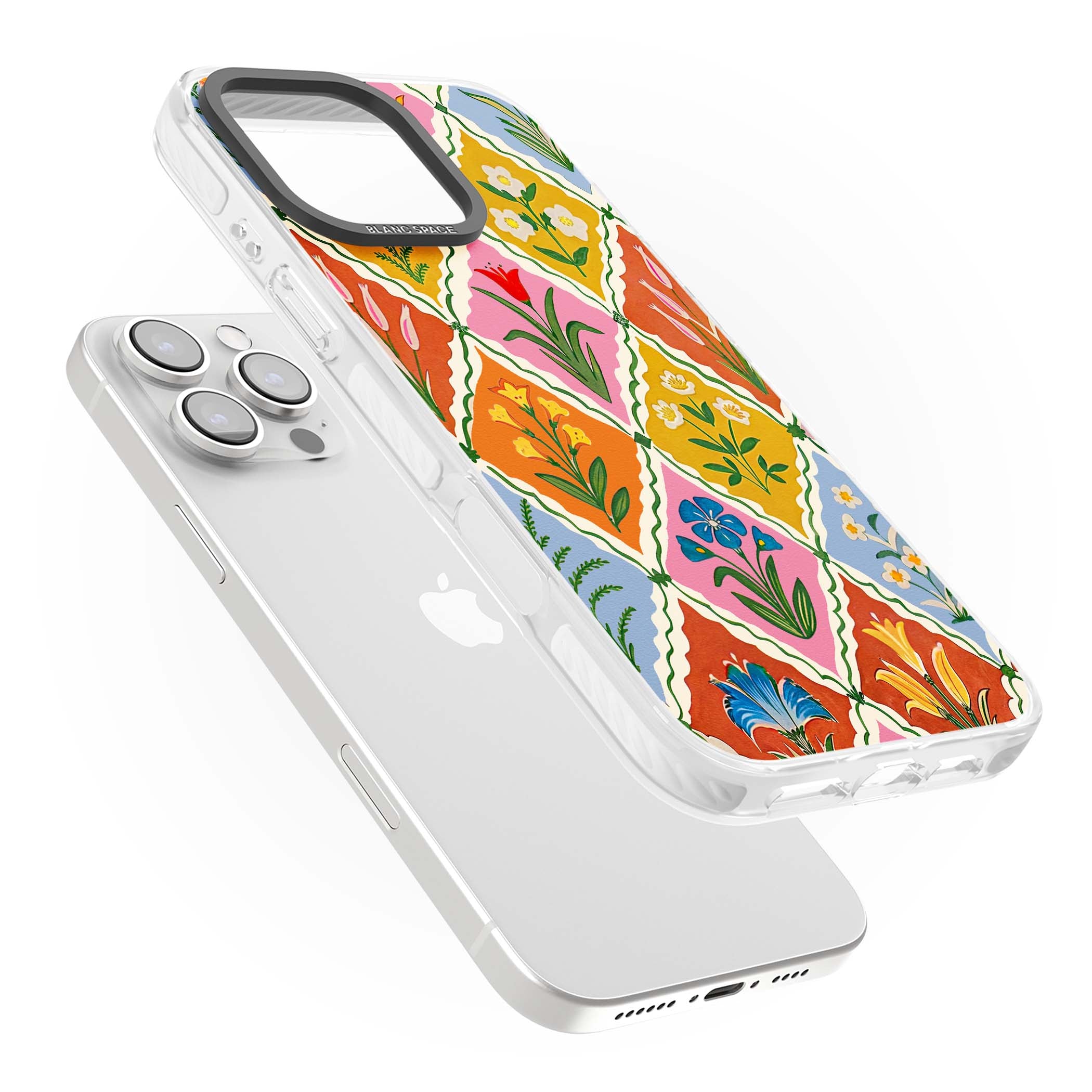 Floral Quilt boho floral iPhone case featuring diamond lattice pattern, hand-painted tulips and folk art wildflowers | Impact Magsafe case for iPhone 16 Pro, iPhone 16 Pro Max