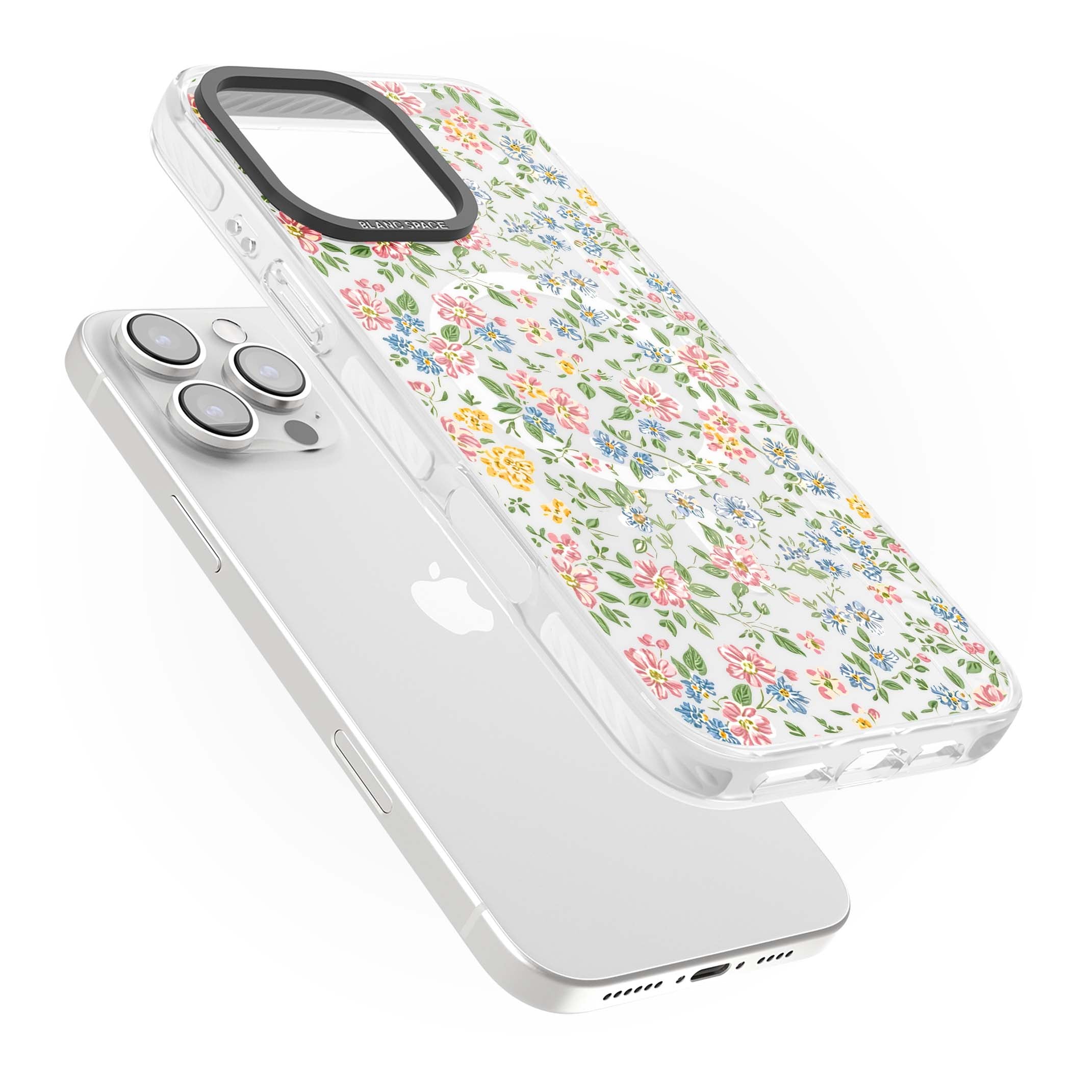 Soft Meadow cottagecore iPhone case featuring pink cosmos, blue forget-me-nots, yellow buttercups and green leaves sca | Impact Magsafe case for iPhone 16 Pro, iPhone 16 Pro Max