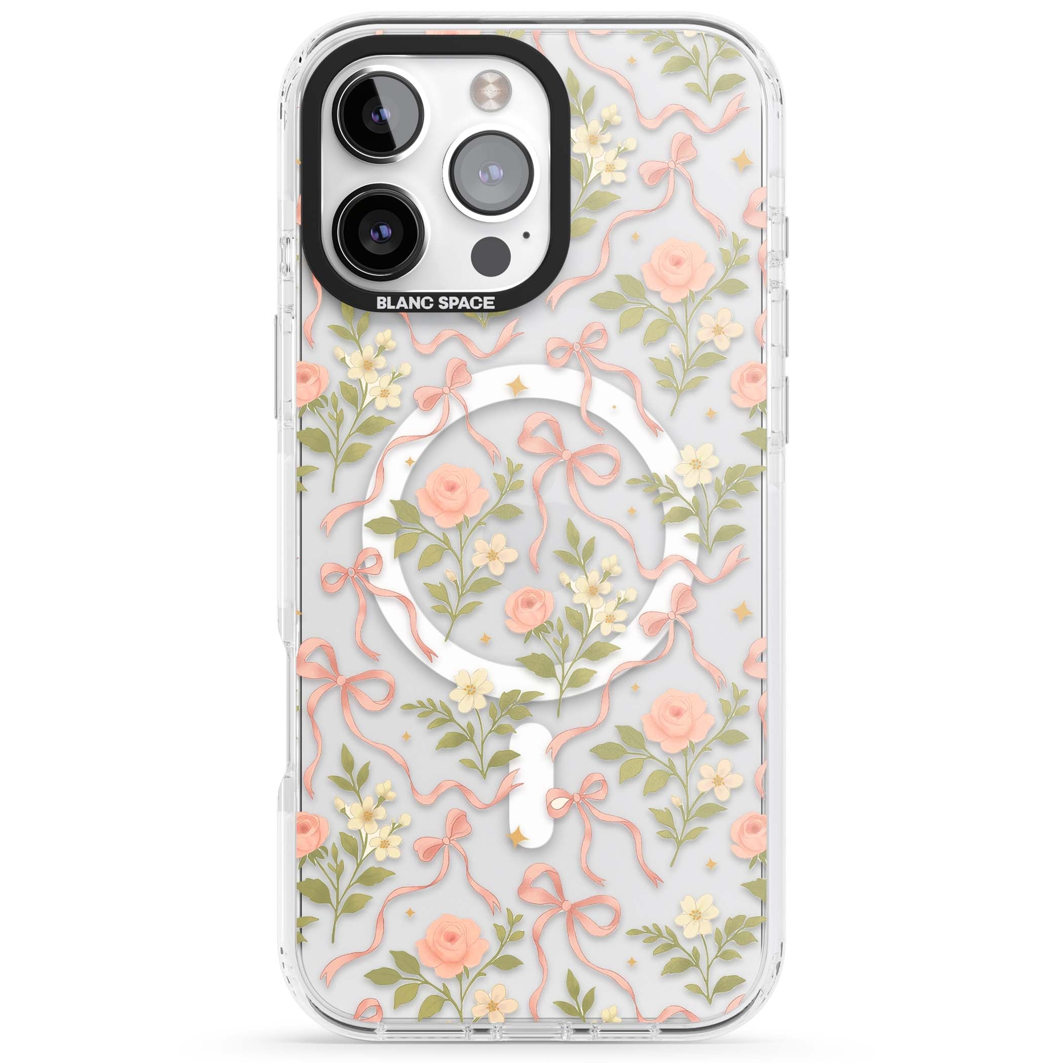 Ribbon Garden coquette iPhone case featuring pink bows, peach roses and wildflowers on white background | Impact Magsafe case for iPhone 16 Pro, iPhone 16 Pro Max