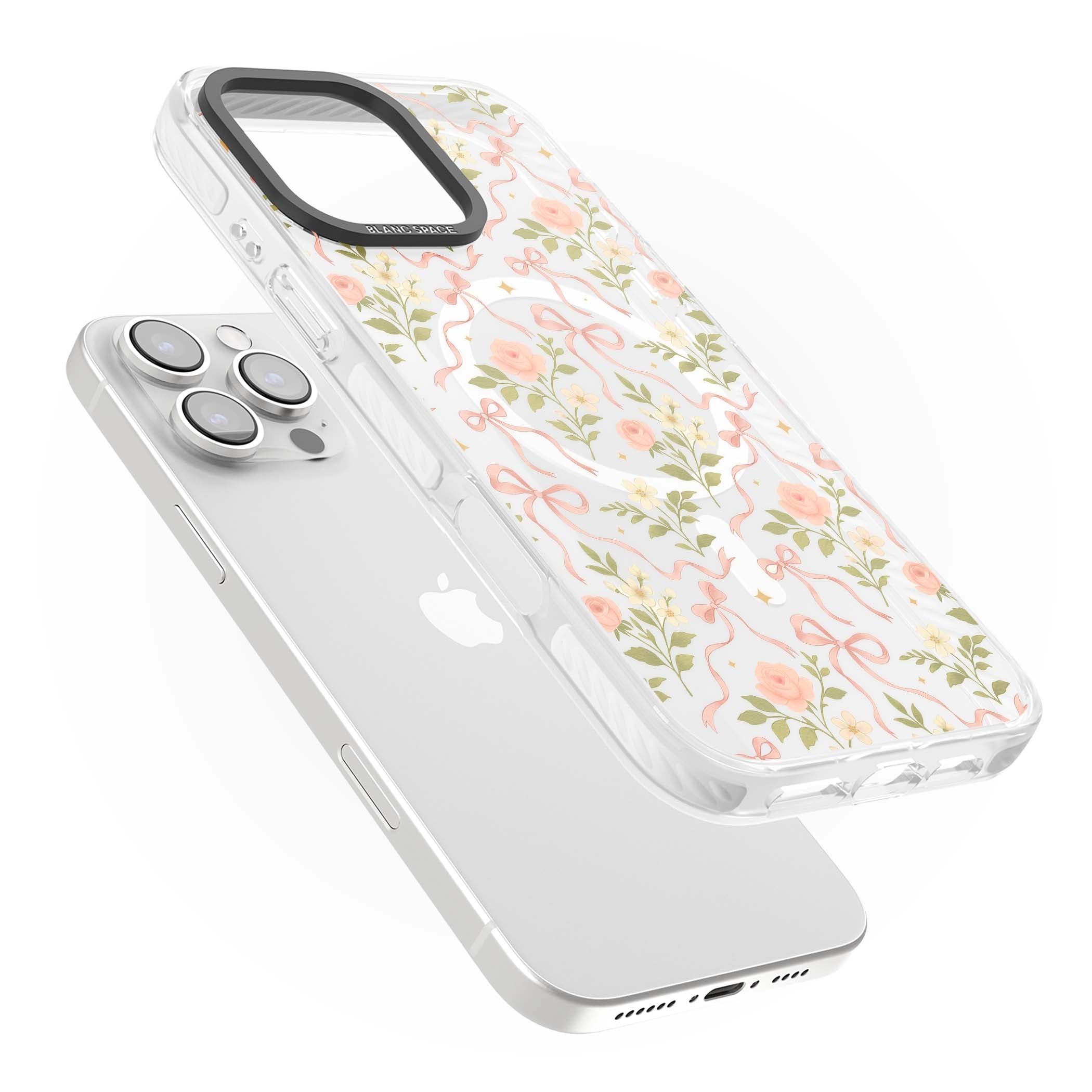 Ribbon Garden coquette iPhone case featuring pink bows, peach roses and wildflowers on white background | Impact Magsafe case for iPhone 16 Pro, iPhone 16 Pro Max