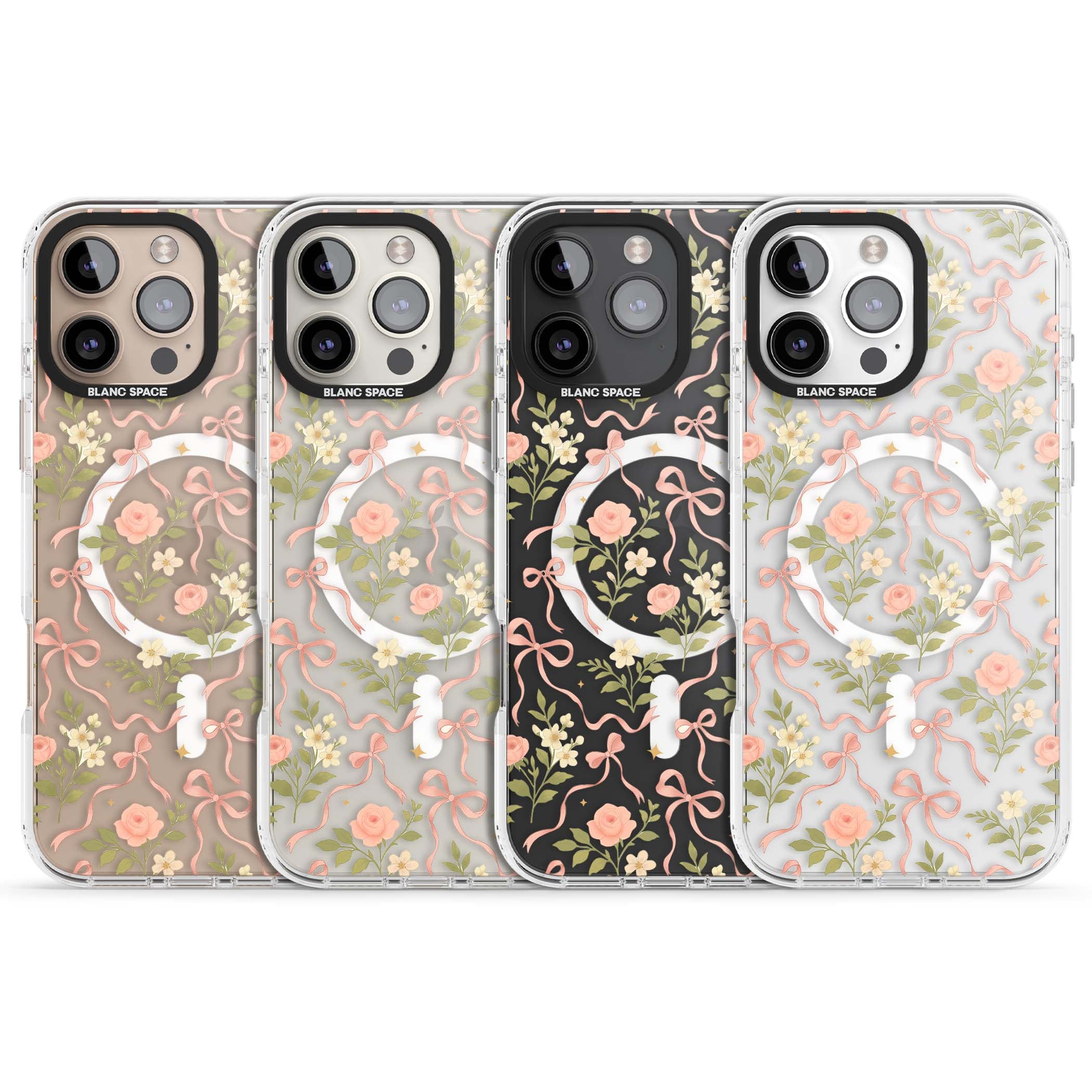 Ribbon Garden coquette iPhone case featuring pink bows, peach roses and wildflowers on white background | Impact Magsafe case for iPhone 16 Pro, iPhone 16 Pro Max