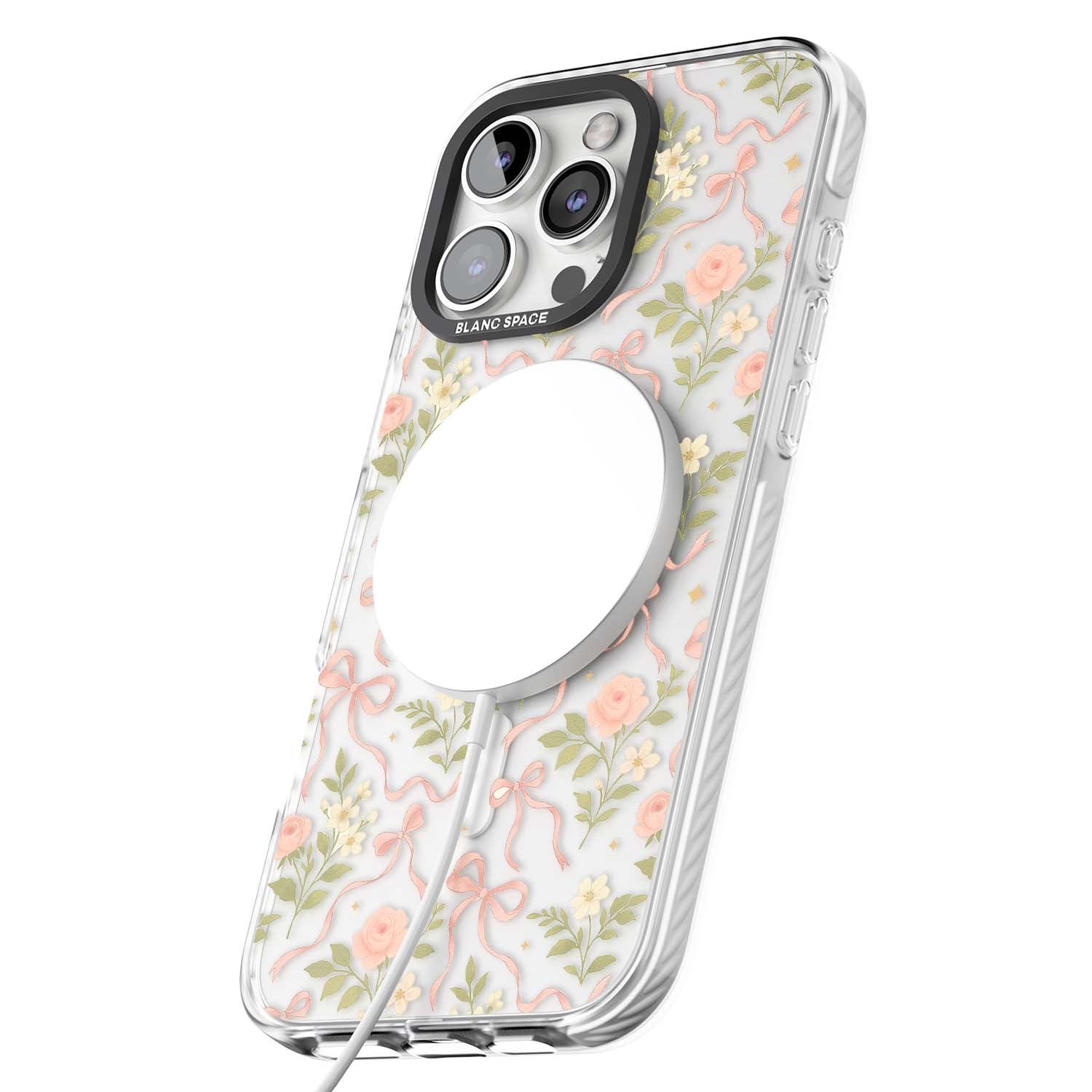 Ribbon Garden coquette iPhone case featuring pink bows, peach roses and wildflowers on white background | Impact Magsafe case for iPhone 16 Pro, iPhone 16 Pro Max